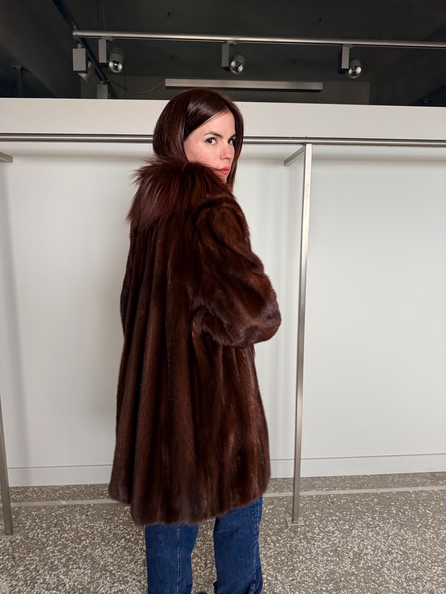 Oversized Demi Buff Mink Fur Coat with Fox Trim: Pastel Whisky Stroller, Handmade Greece