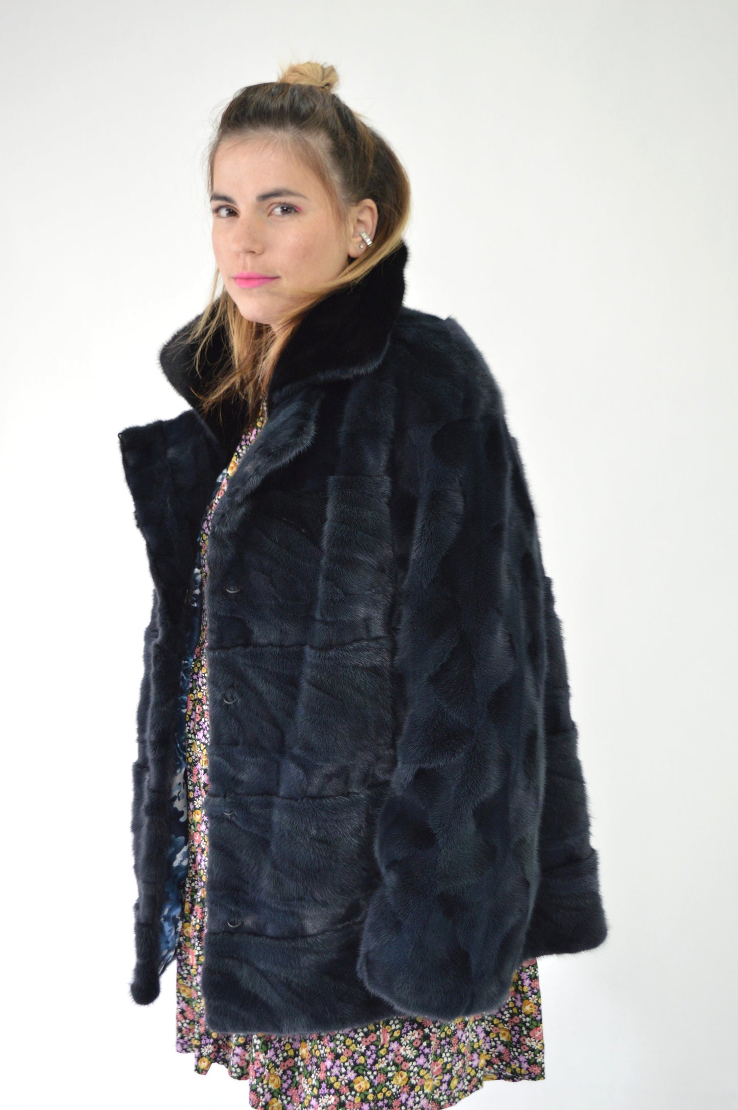 Navy Blue Mink Fur Stroller Coat: Black Collar, Luxury Gift