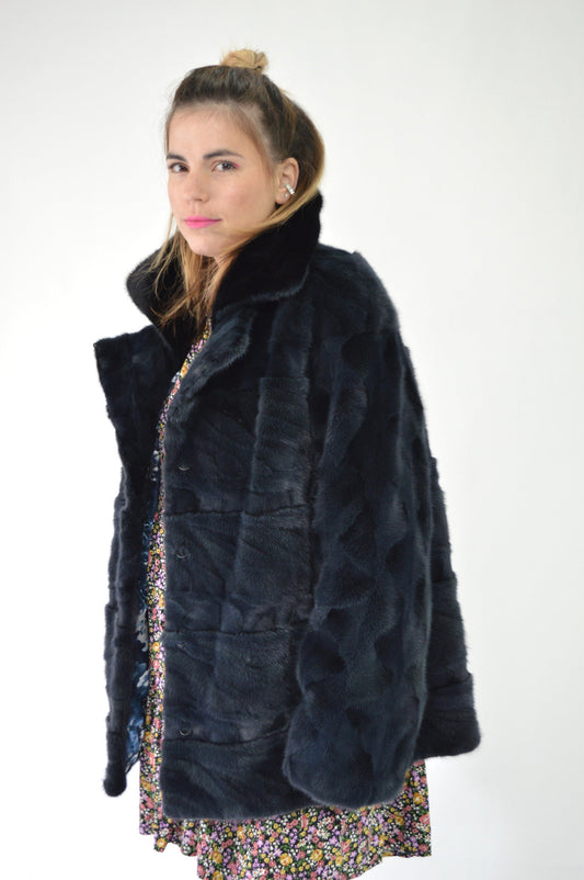Navy Blue Mink Fur Stroller Coat: Black Collar, Luxury Gift