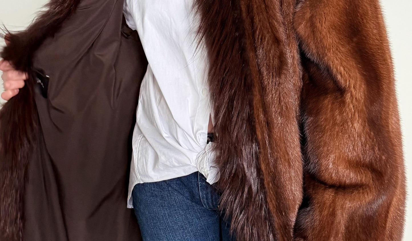 Oversized Demi Buff Mink Fur Coat with Fox Trim: Pastel Whisky Stroller, Handmade Greece