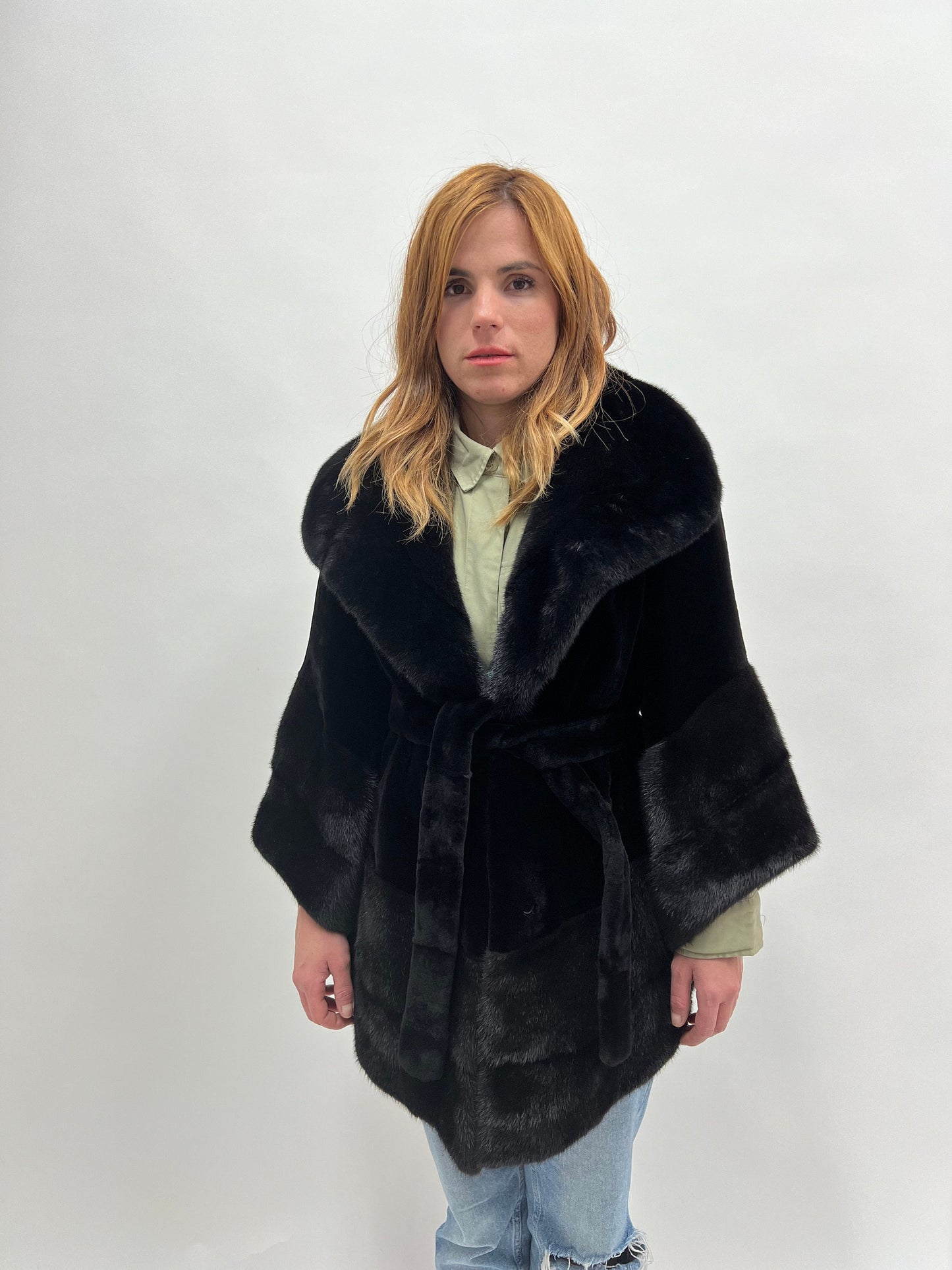 Black Sheared Mink Fur Coat with Belt & Big Collar
