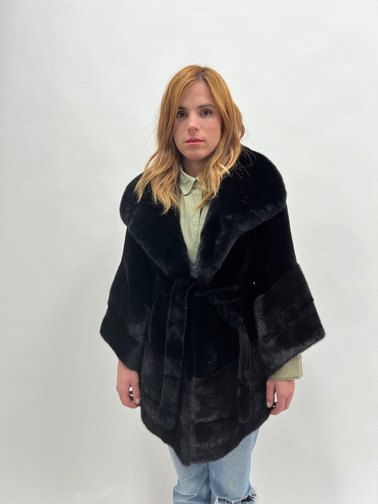 Black Sheared Mink Fur Coat with Belt & Big Collar