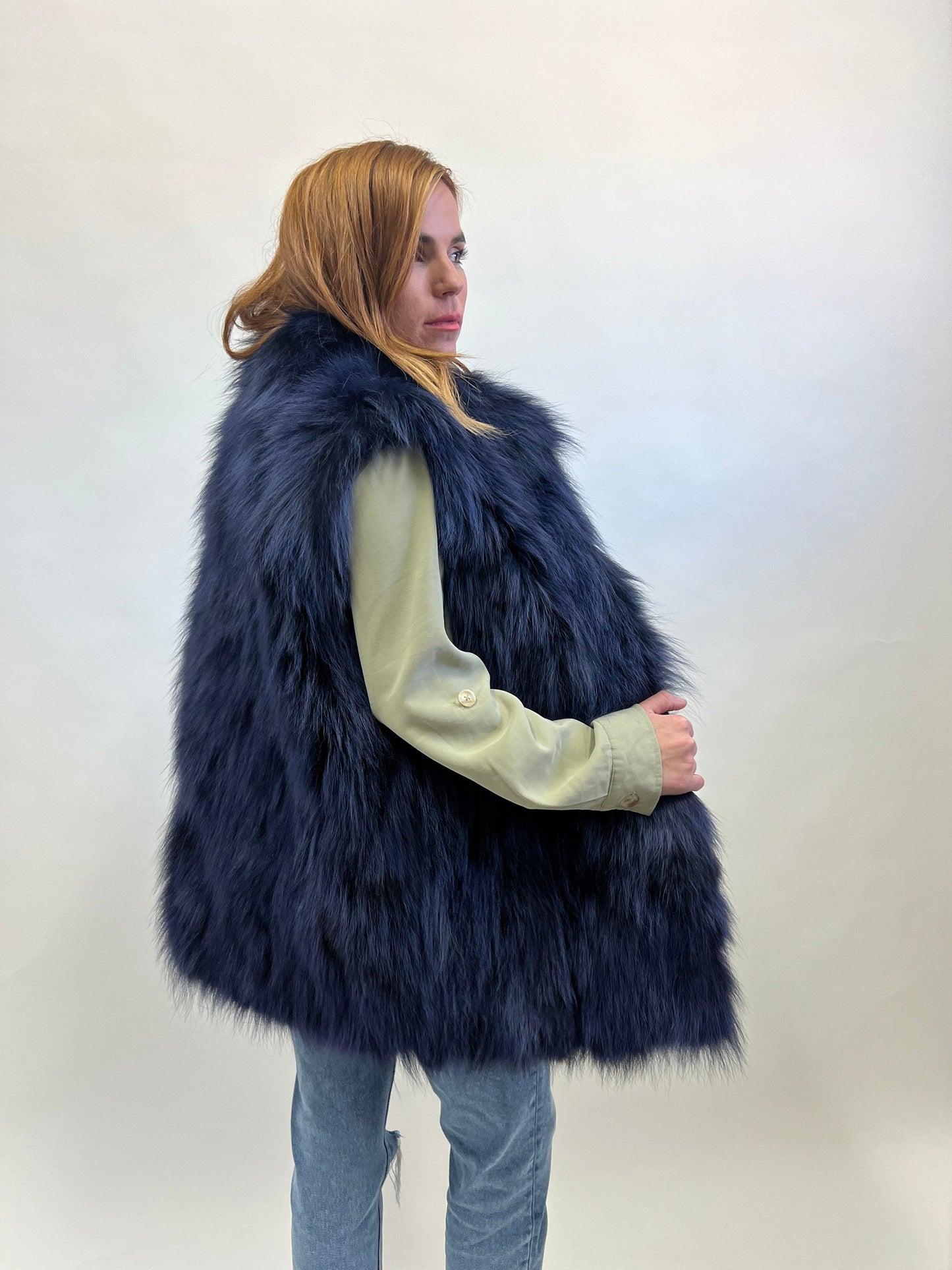 Denim Blue Fox Fur Vest: Women's Winter Genuine Fur Jacket