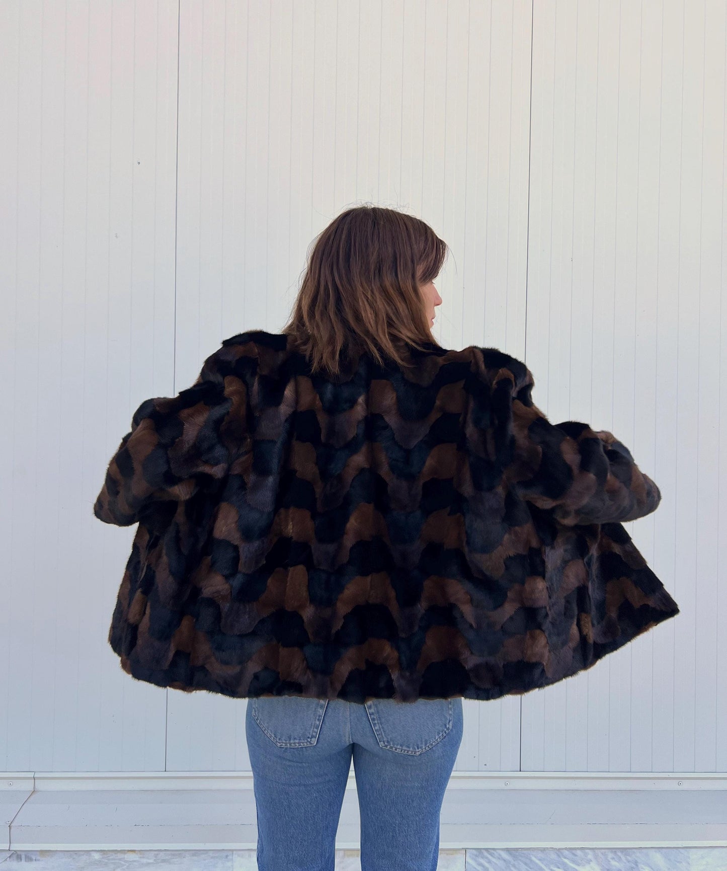 Sheared Mink Fur Jacket: Brown & Black Intarsia Design, Hagen Closure