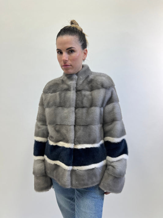 Sapphire Mink Fur Jacket: Navy, White & Grey Modern Coat