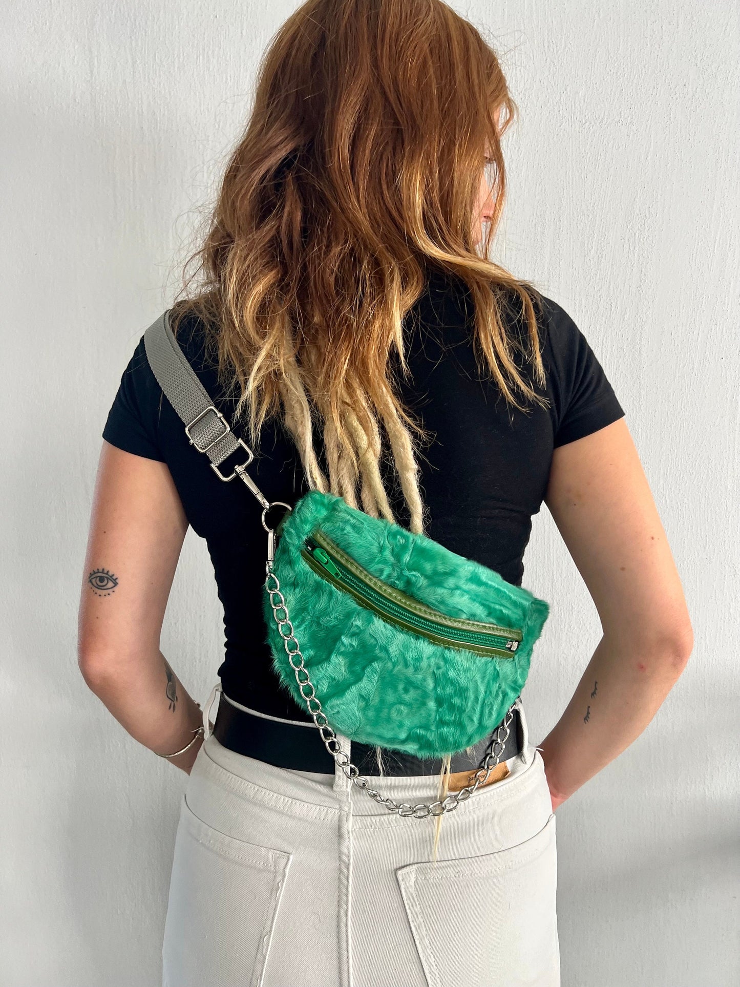 Green Sheared Fur Bumbag with Chain Strap
