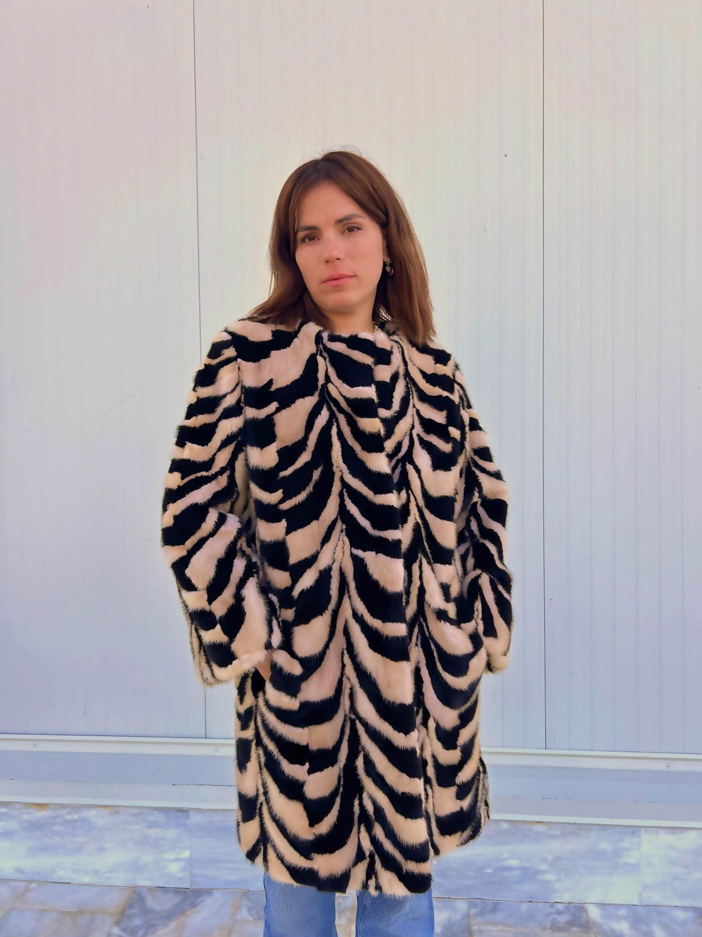 Beige & Black Intarsia Mink Fur Jacket: Handmade Genuine Fur Blazer