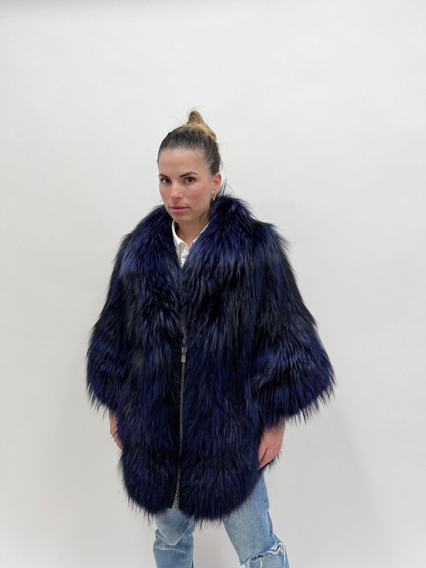 Real Navy Blue Fox Fur Coat: Luxury Women's Stroller, Size Large