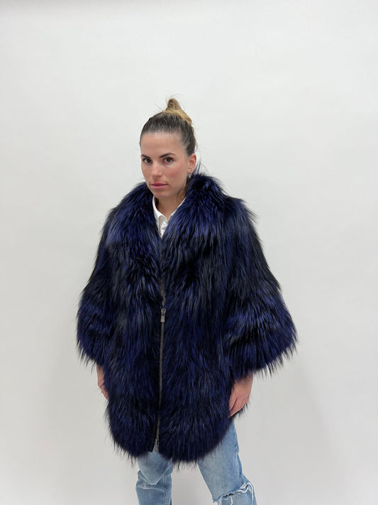 Real Navy Blue Fox Fur Coat: Luxury Women's Stroller, Size Large