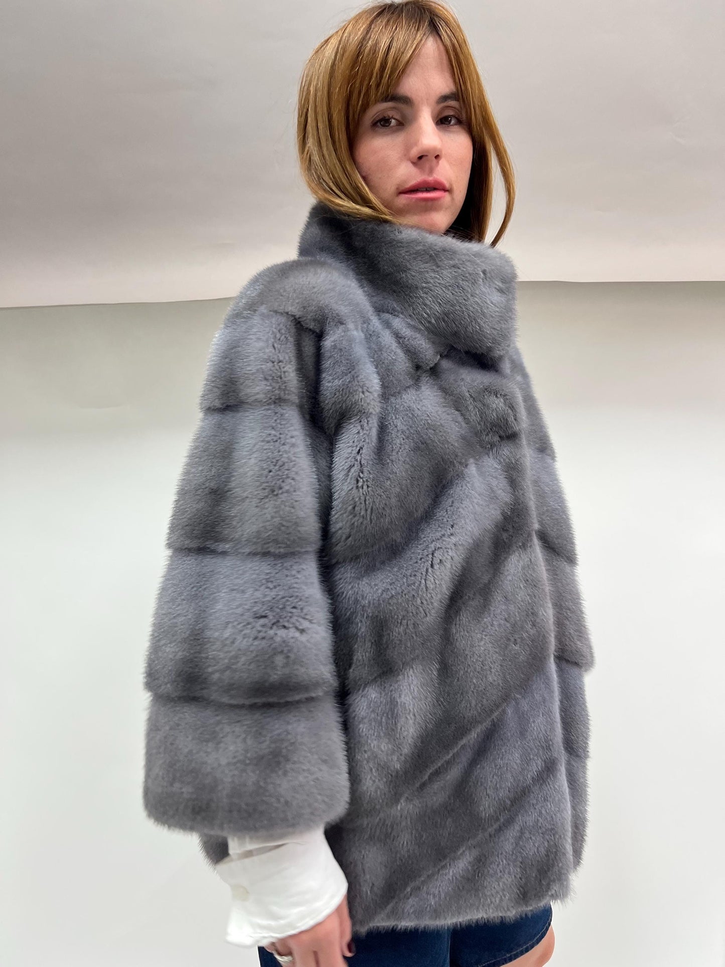 Real Silver Grey Mink Fur Coat - Saga Pelt, High Collar