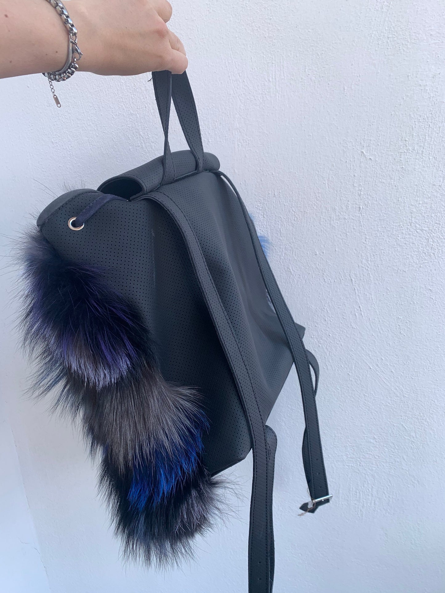Real Fox Fur Leather Backpack: Handmade Rucksack Laptop Bag