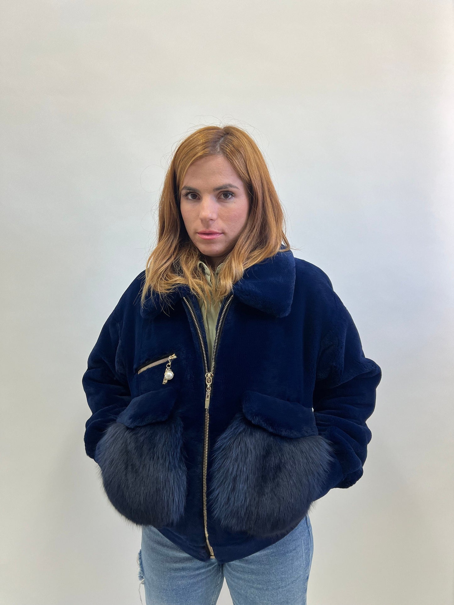 Sheared Rabbit Fur Bomber Jacket with Fox Details