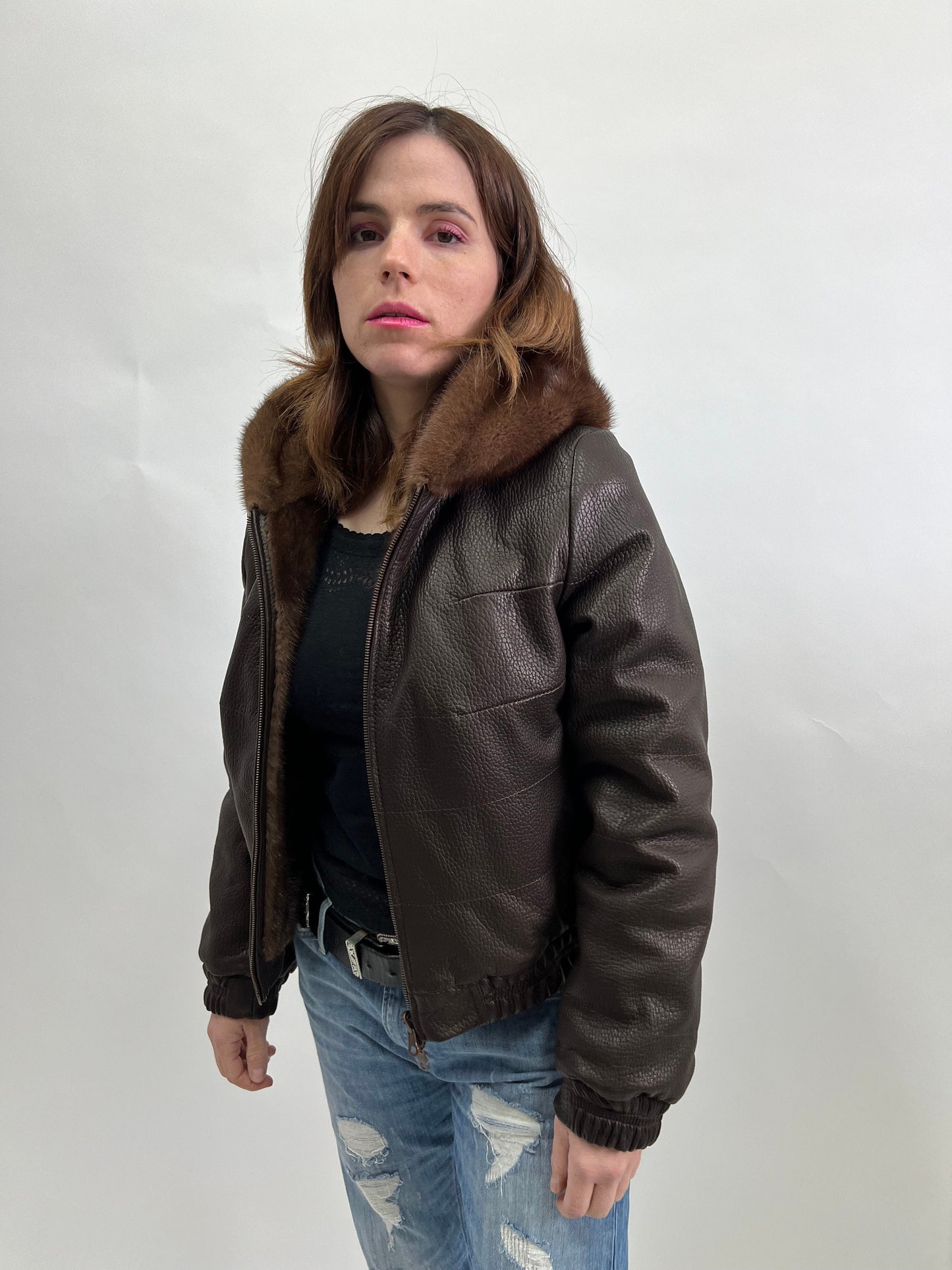 Reversible Brown Mink Fur Bomber Jacket: Leather Hooded Coat