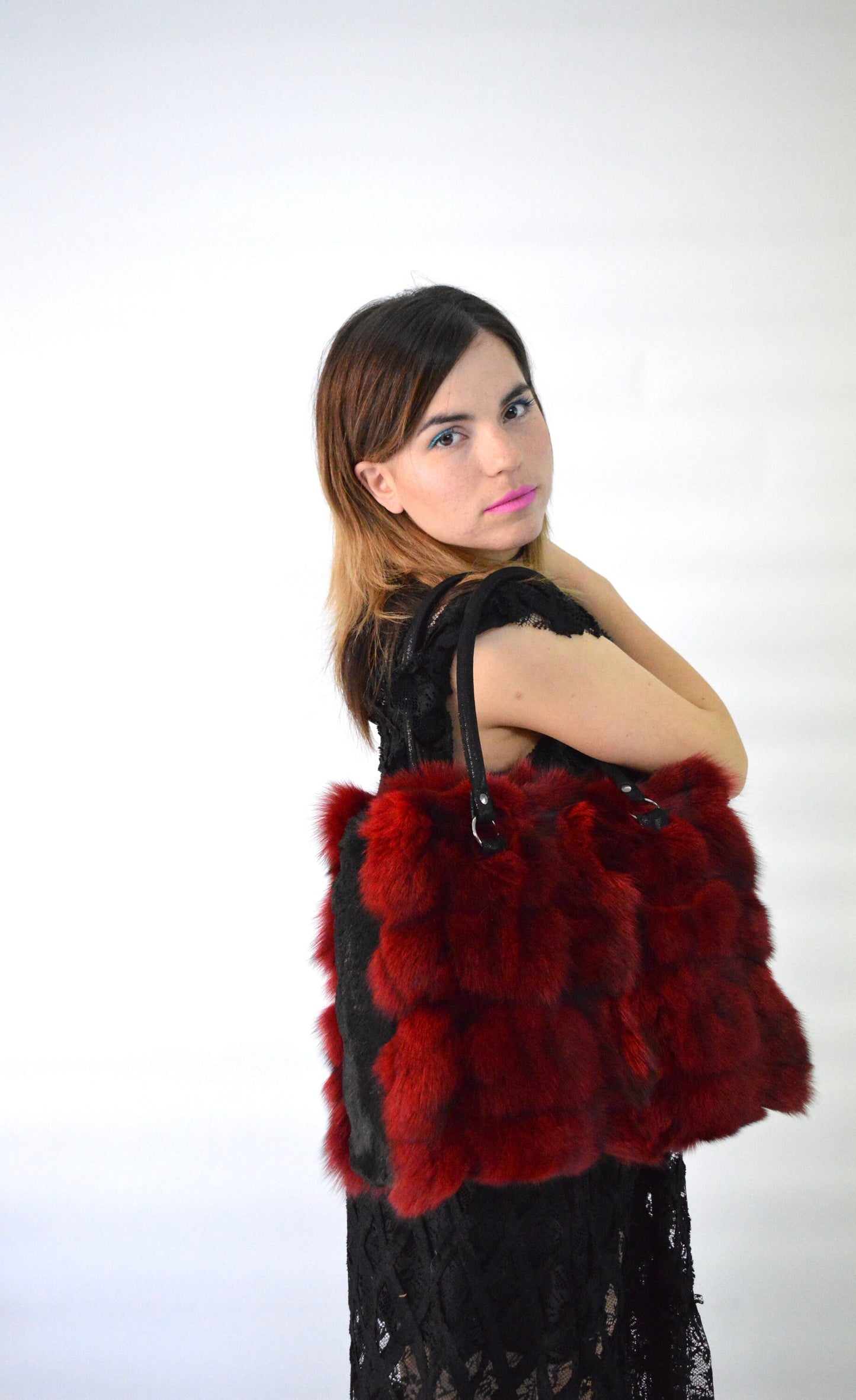 Red Fox Fur Handbag: Genuine Leather shoulder Bag in red.