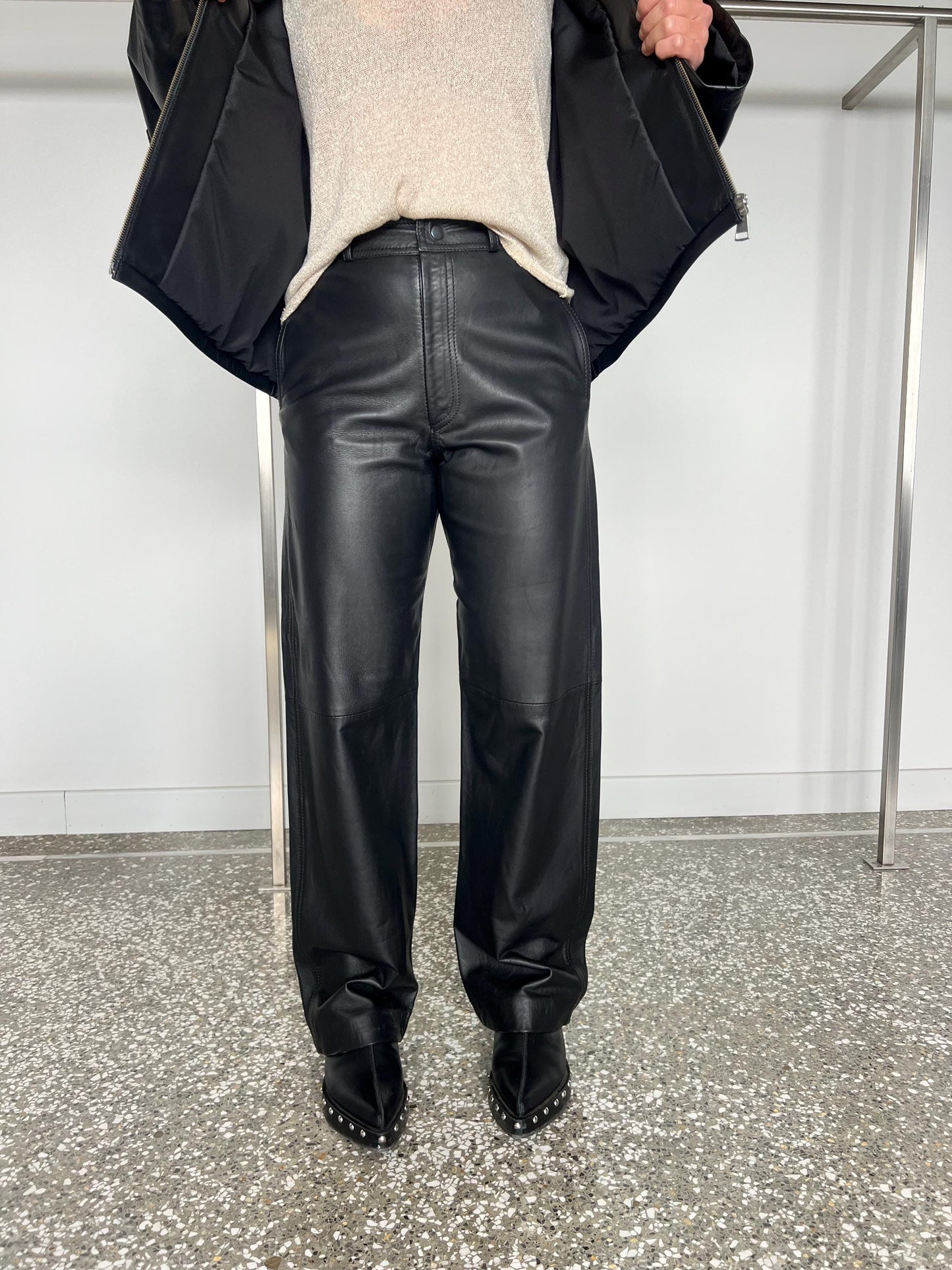 Black Nappa Lamb Leather Trousers: Handmade Zip Up Pants