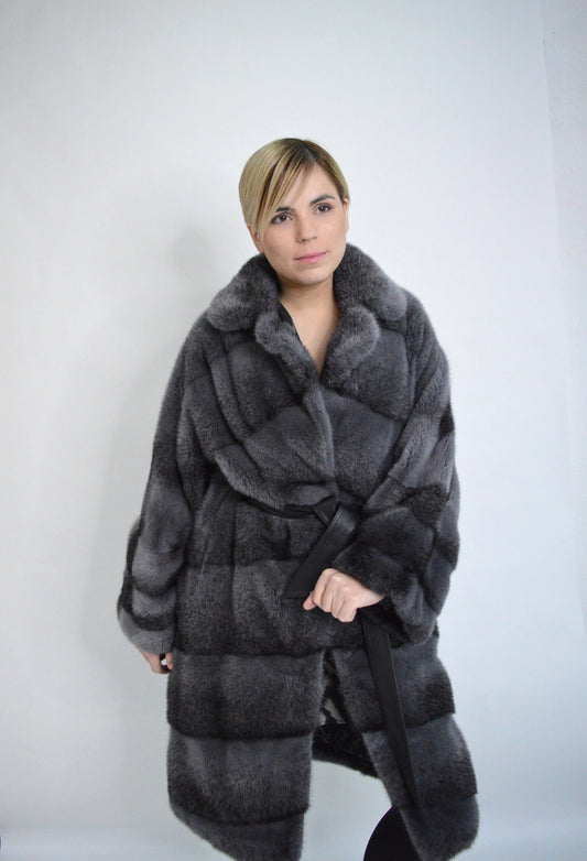 Grey Mink Fur Kimono Coat: Black Cross Dyed, oversized with Leather Belt