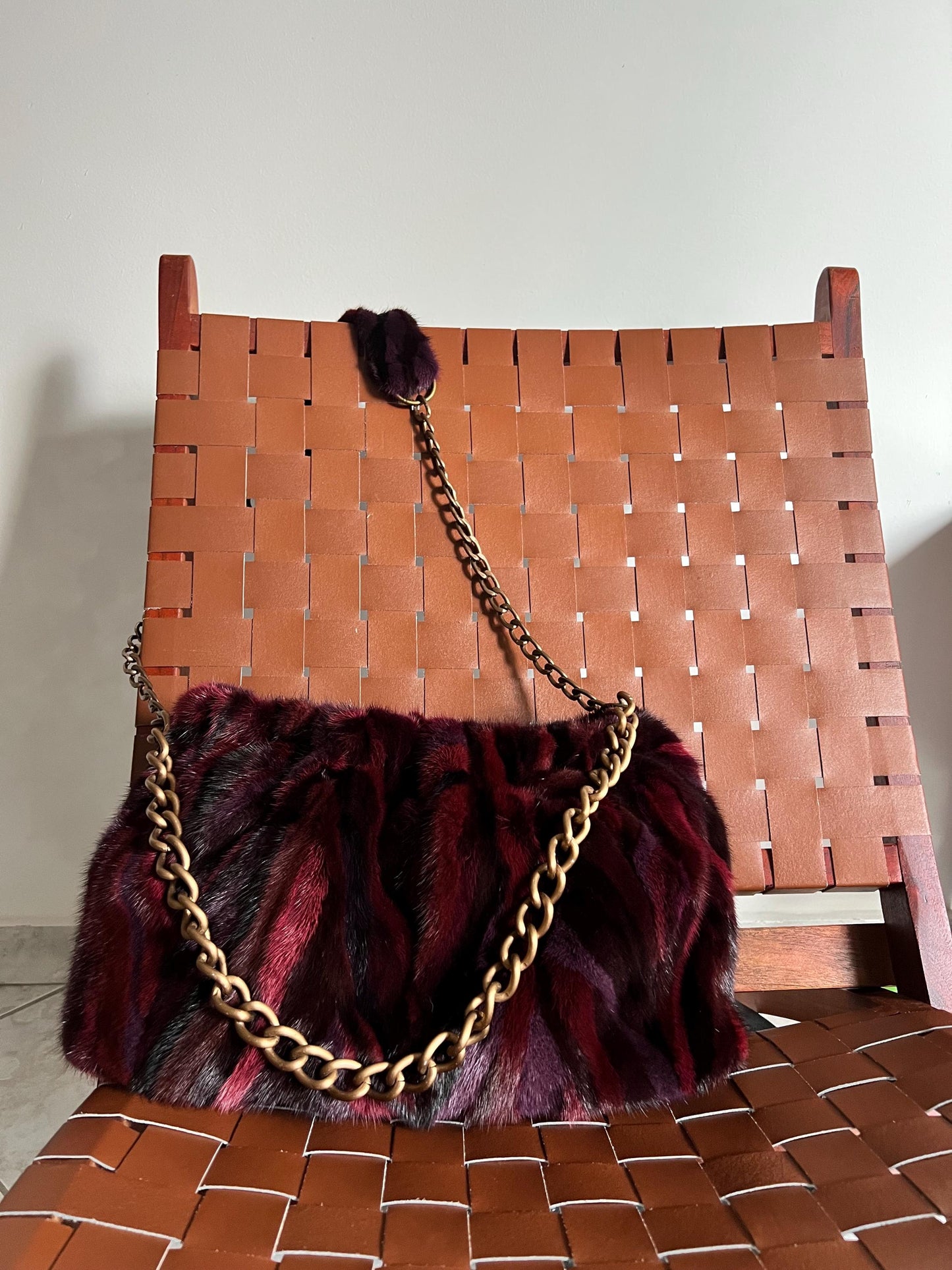 Handmade Mink Fur Slouchy Shoulder Bagin Burgundy : Luxury Cross-body Purse in army shades.