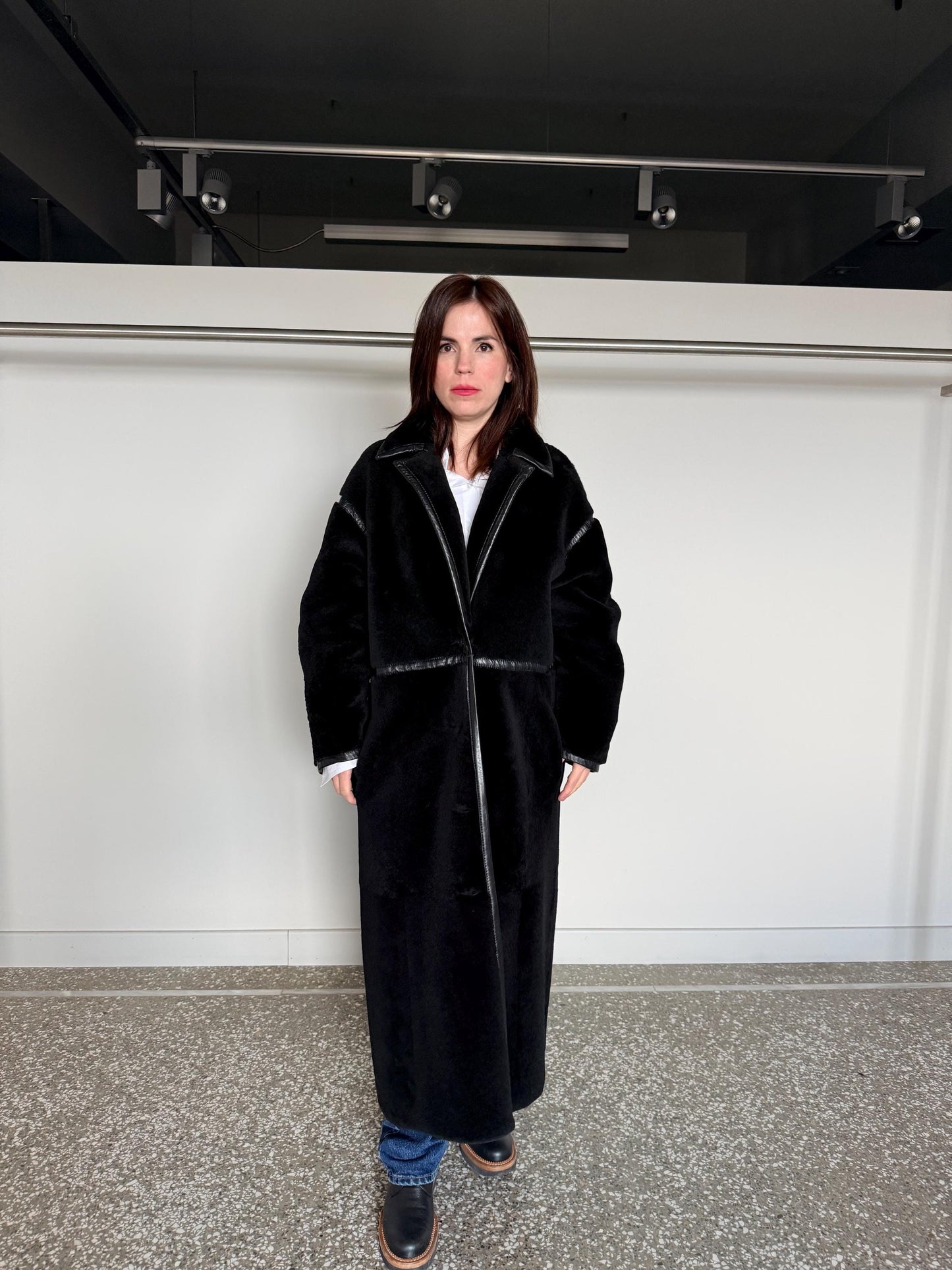 Reversible Black Shearling Fur coat :Extremely warm Sheepskin long Coat with genuine leather.