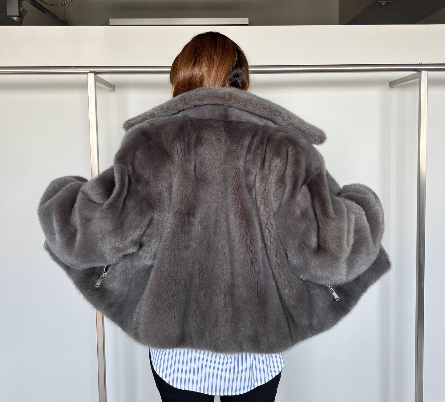 Grey Mink Fur Jacket: Copenhagen Pelts, Boxy Style, Size 2XL