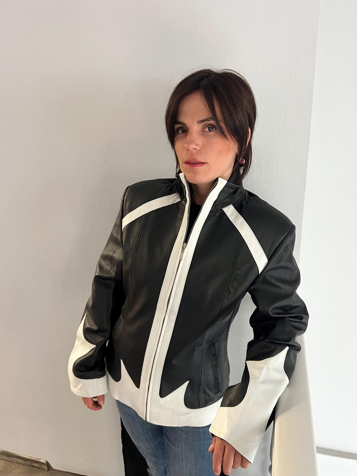 Handmade Black and White Lambskin buttery zipped up Leather Jacket - Medium