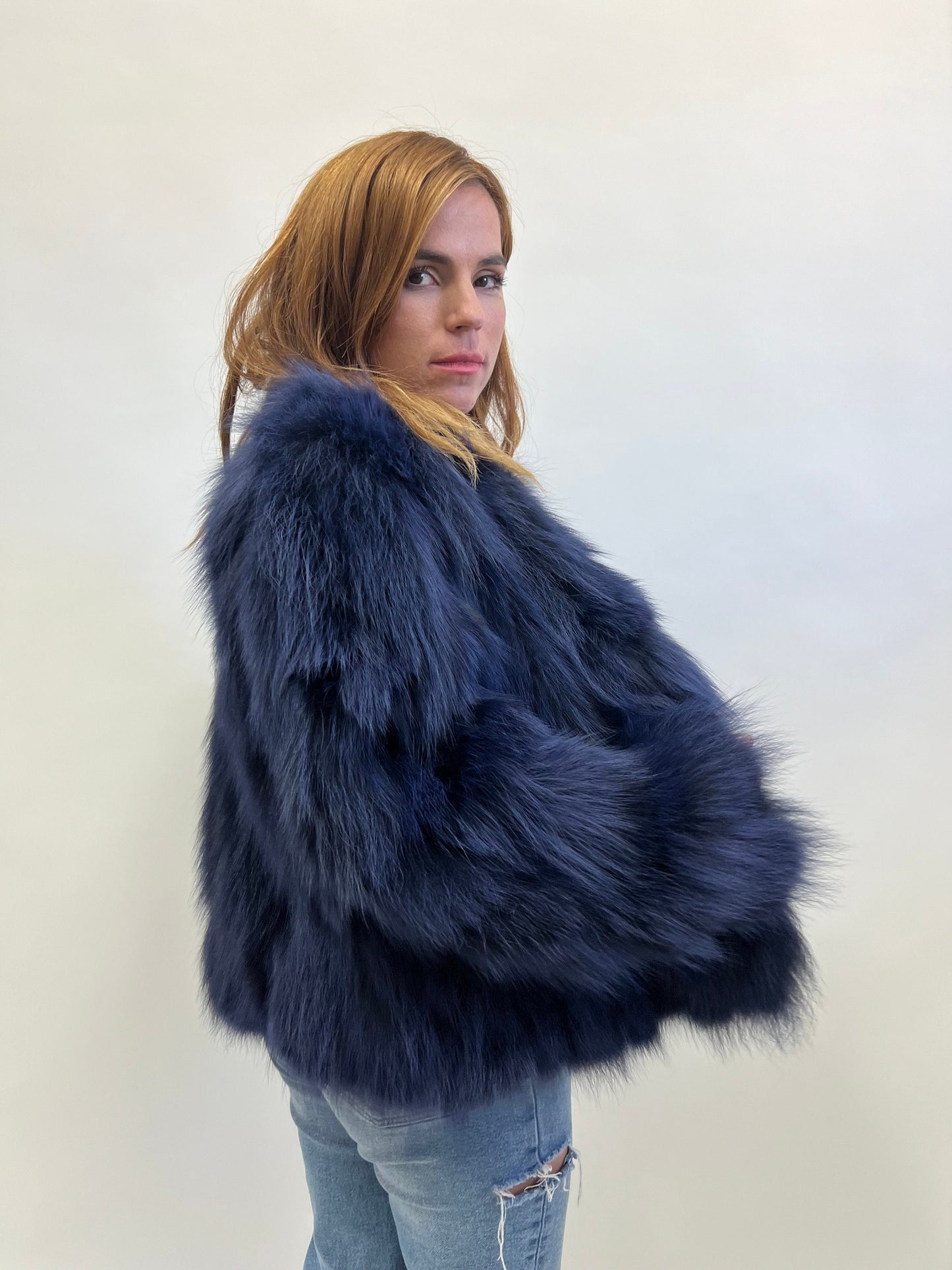 Real Denim Blue Fox Fur Jacket - Handmade Winter Coat