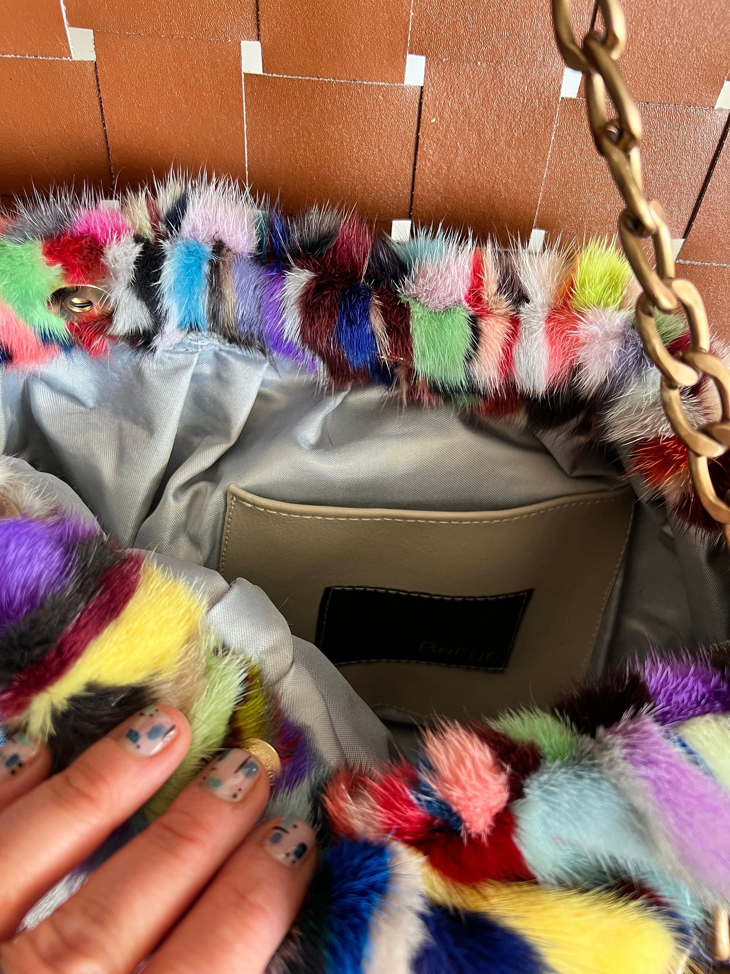 Handmade Multicolored Mink Fur Shoulder Bag with Bronze Straps