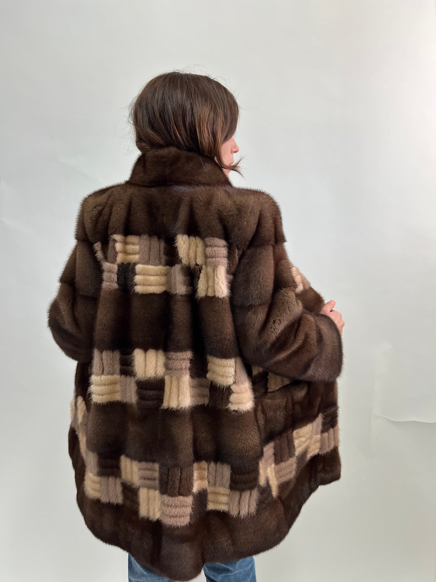 Intarsia Brown Mink Fur Coat - Saga Lightweight Zip-Up - Size Large