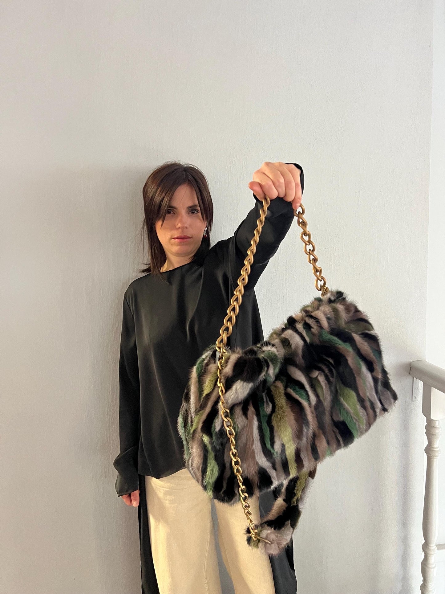 Handmade Mink Fur Slouchy Shoulder Bag: Luxury Cross-body Purse in army shades.
