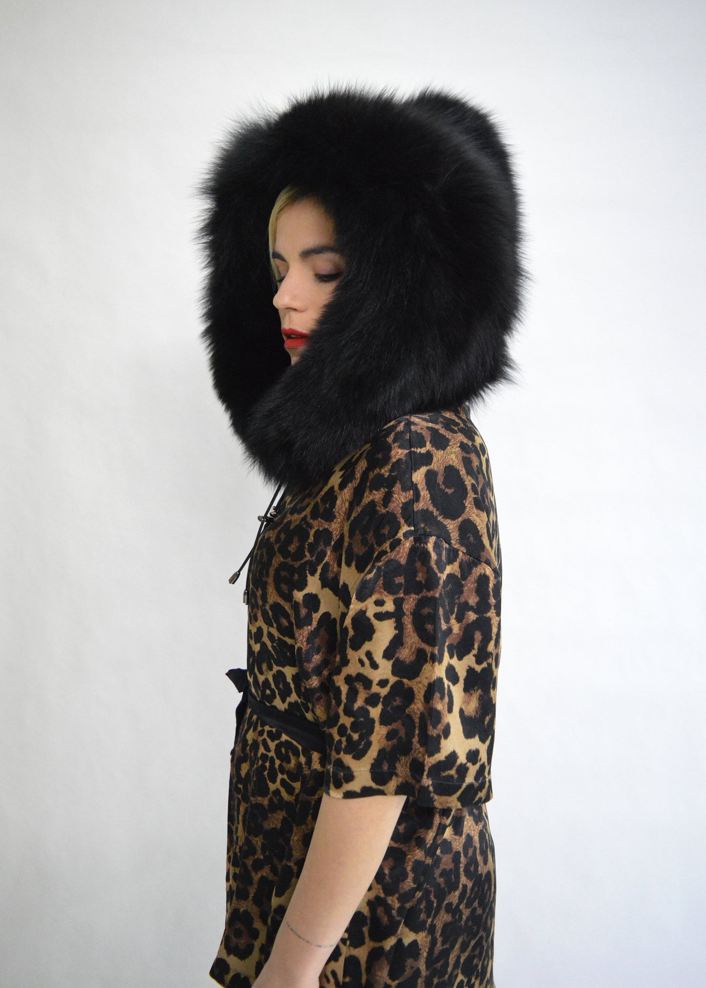 Black Fox Fur Hood: Fluffy Winter Hood with Drawstring