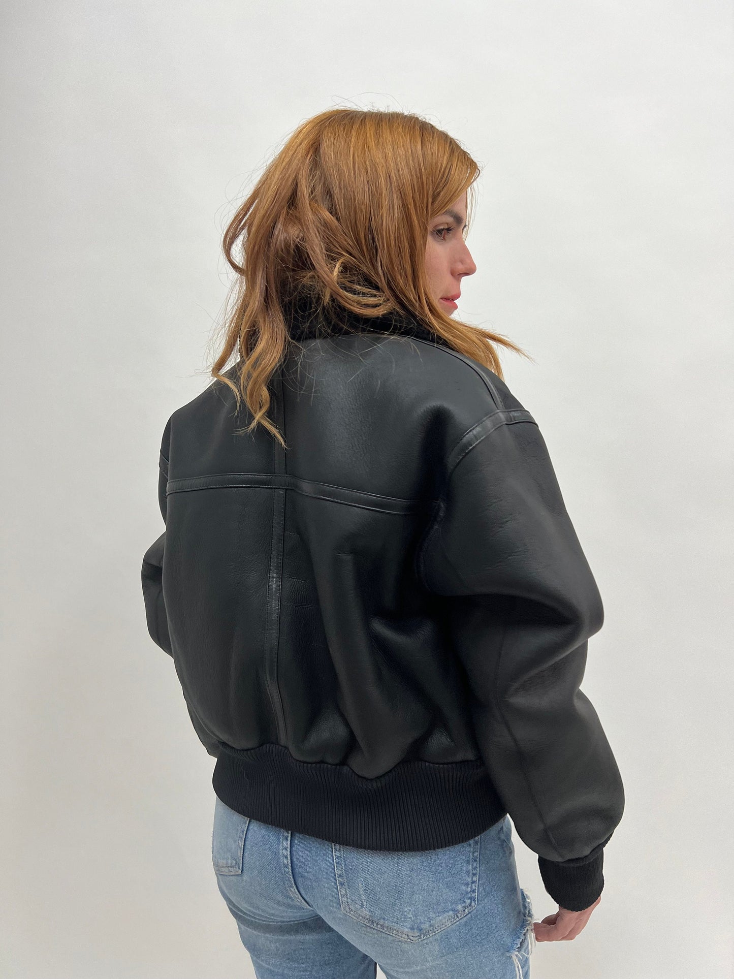 Black Shearling Fur Bomber Jacket: Nappa Leather Trim, Handmade in Greece