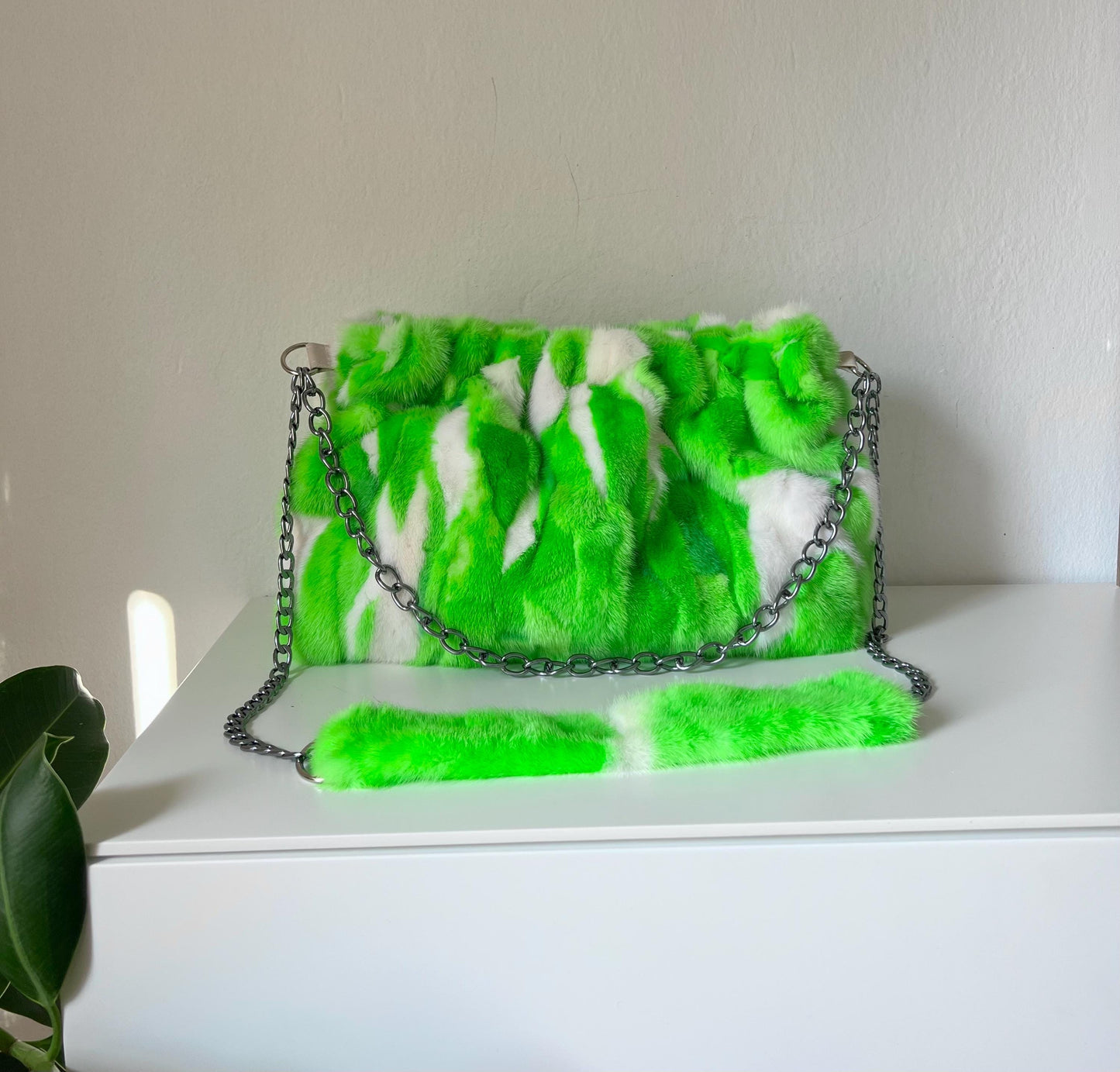 Handmade Mink Fur Shoulder Bag: Green & White Slouchy Crossbody
