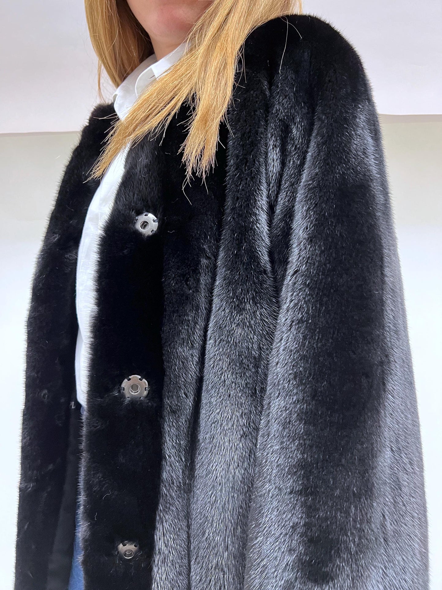 Black Velvet Mink Fur Robe Coat - Saga Pelts, Collarless