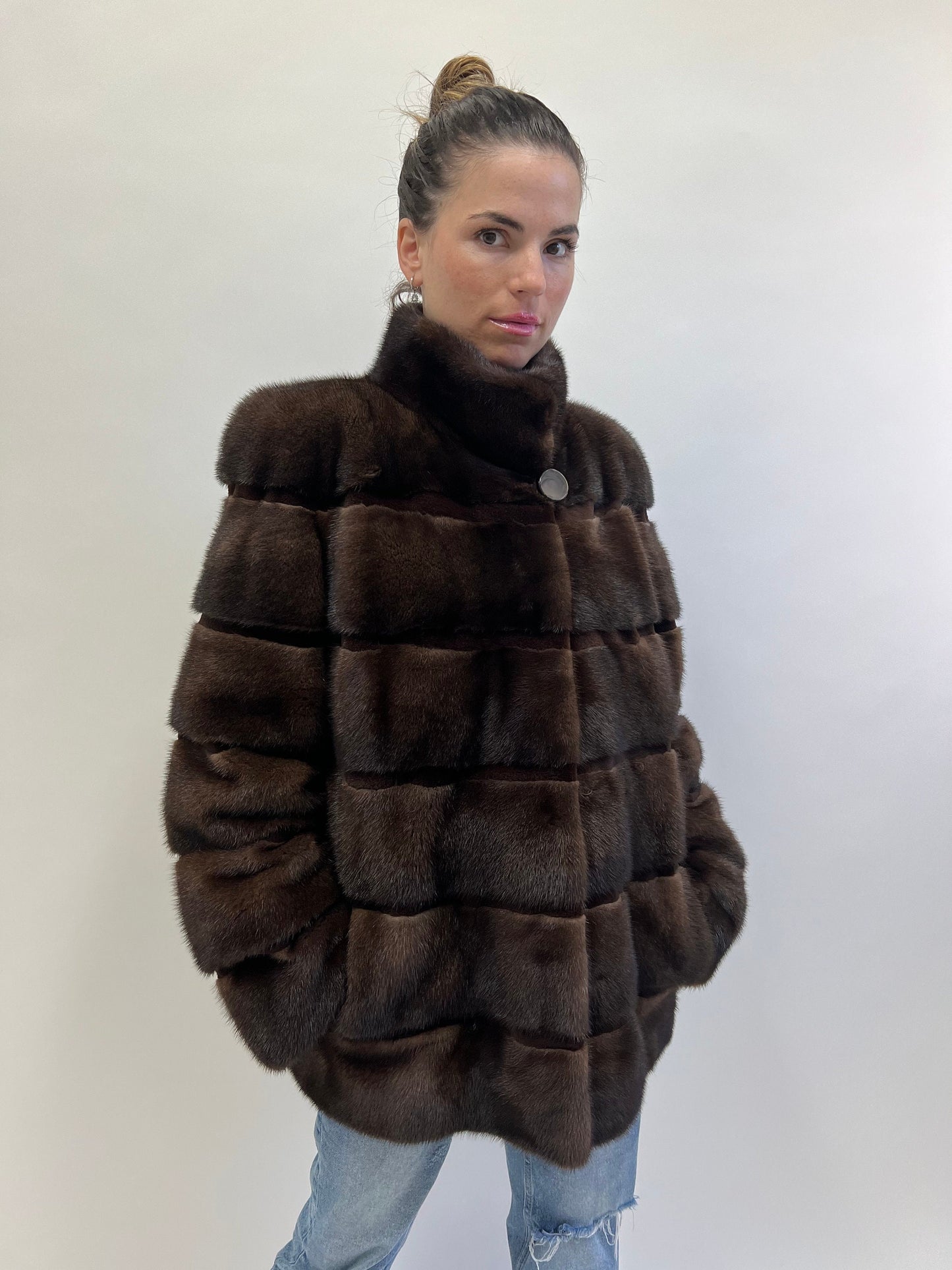 Dark Brown Mink Fur Coat: Horizontal Sheared Stripes, Size M/L