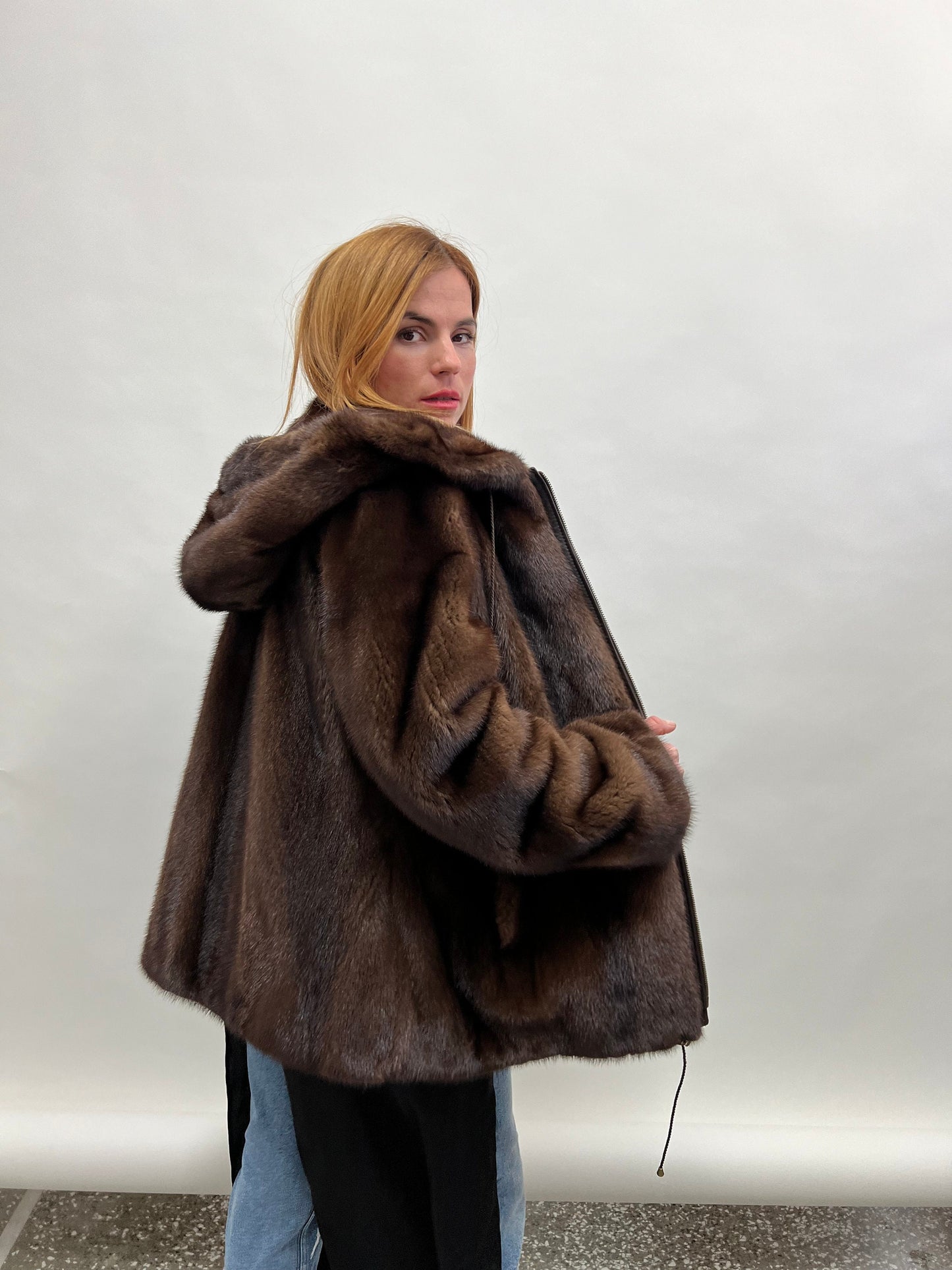 Brown Mink Hooded Jacket - Saga Furs - Zip Closure