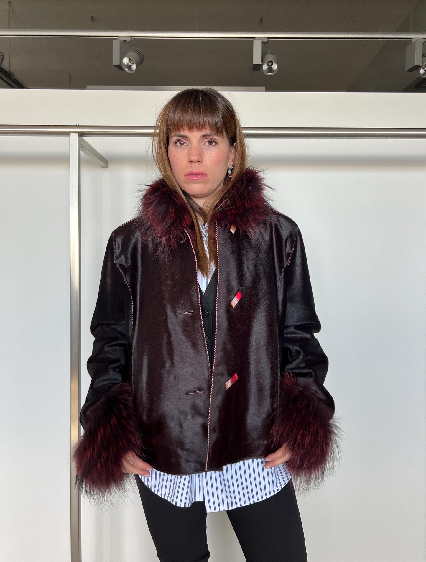 Hair-On Calf Hide Jacket: Burgundy Leather with Raccoon Fur - X-Large