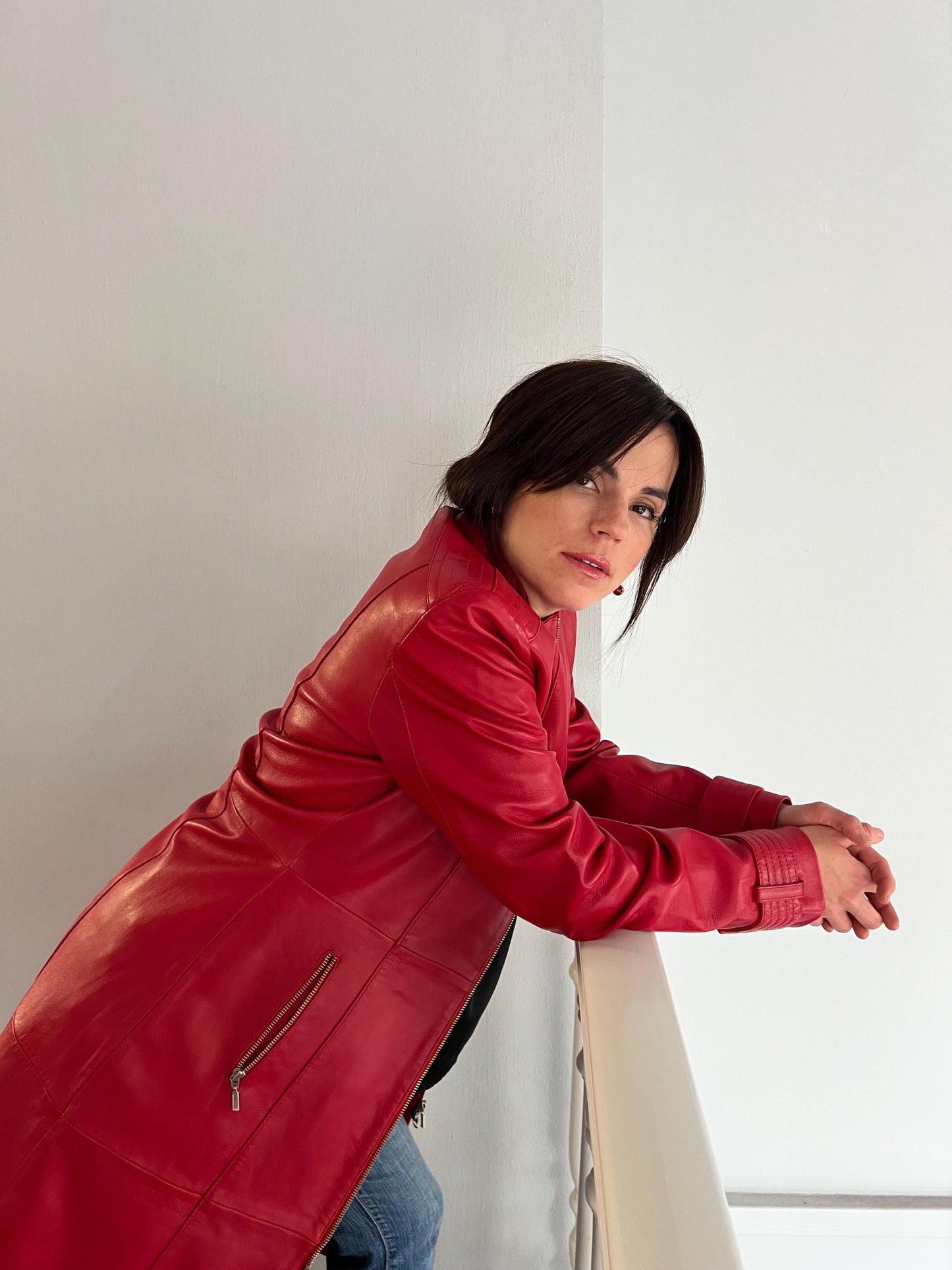 Handmade Red buttery Nappa Lambskin Leather Coat: Belted Warm Lining