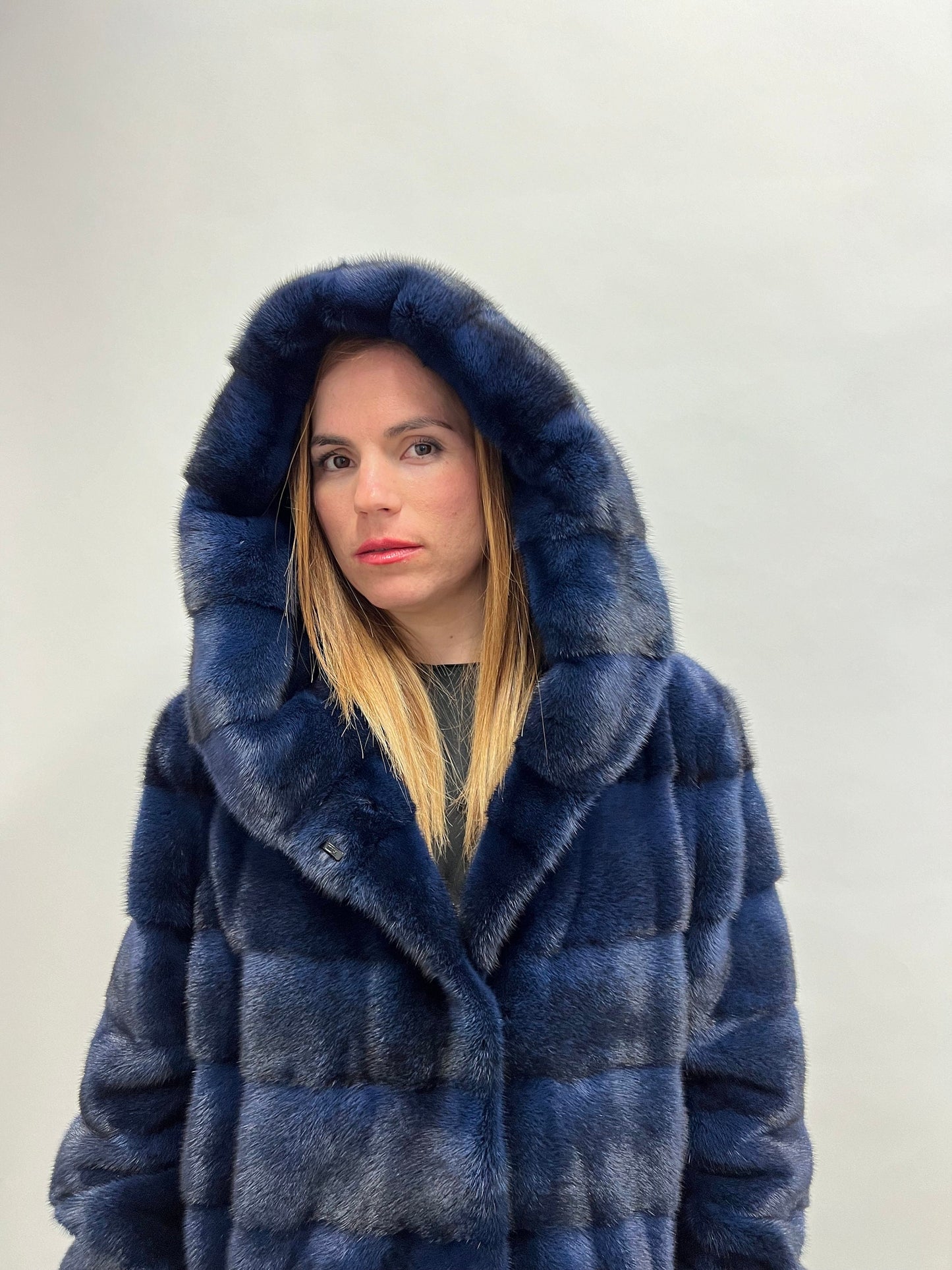 Handmade Navy Blue Mink Fur Hooded Coat, 2XL