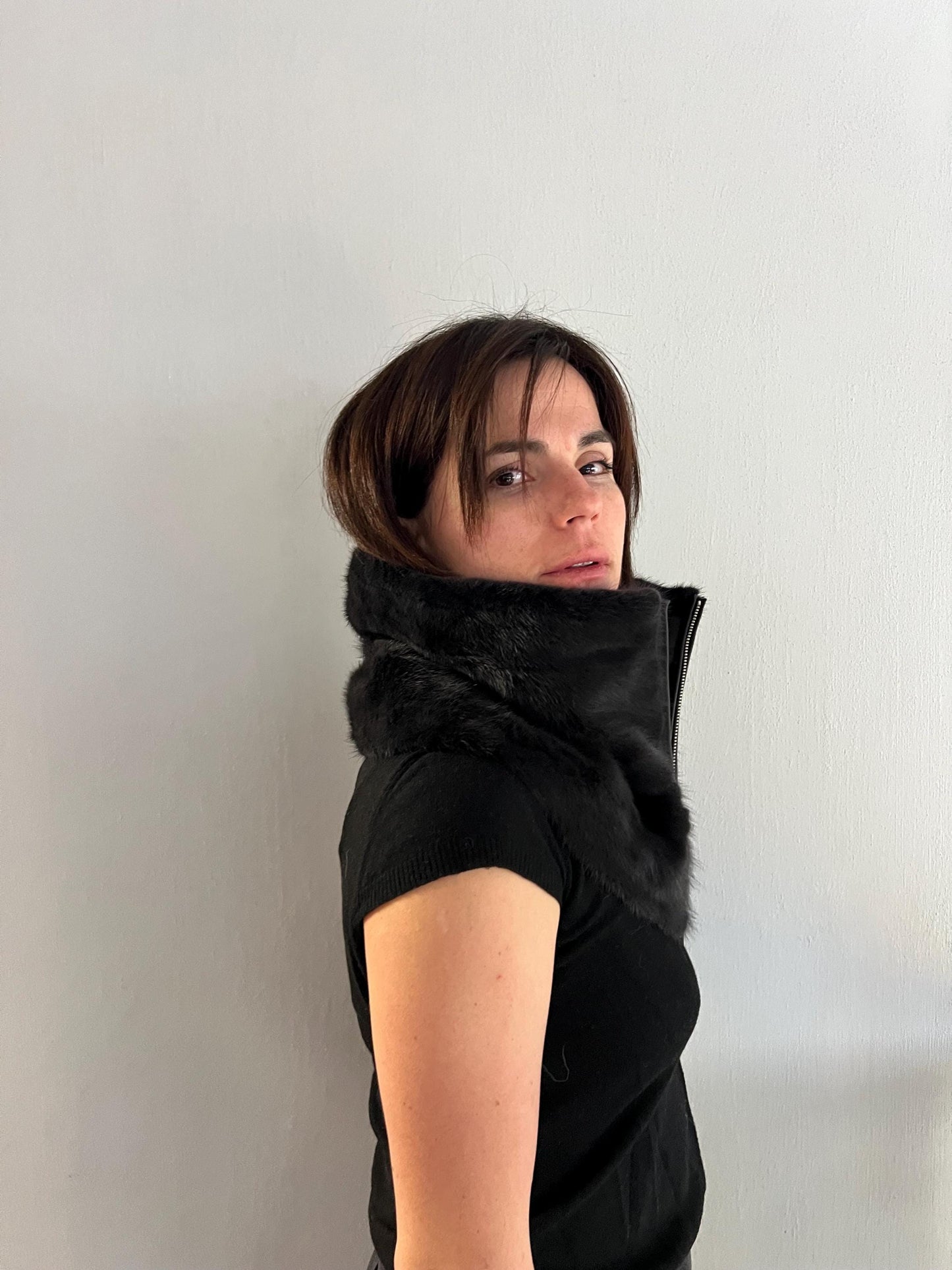 BLACK Mink Fur Cowl: Zipped dark grey Leather Detail Infinity Scarf