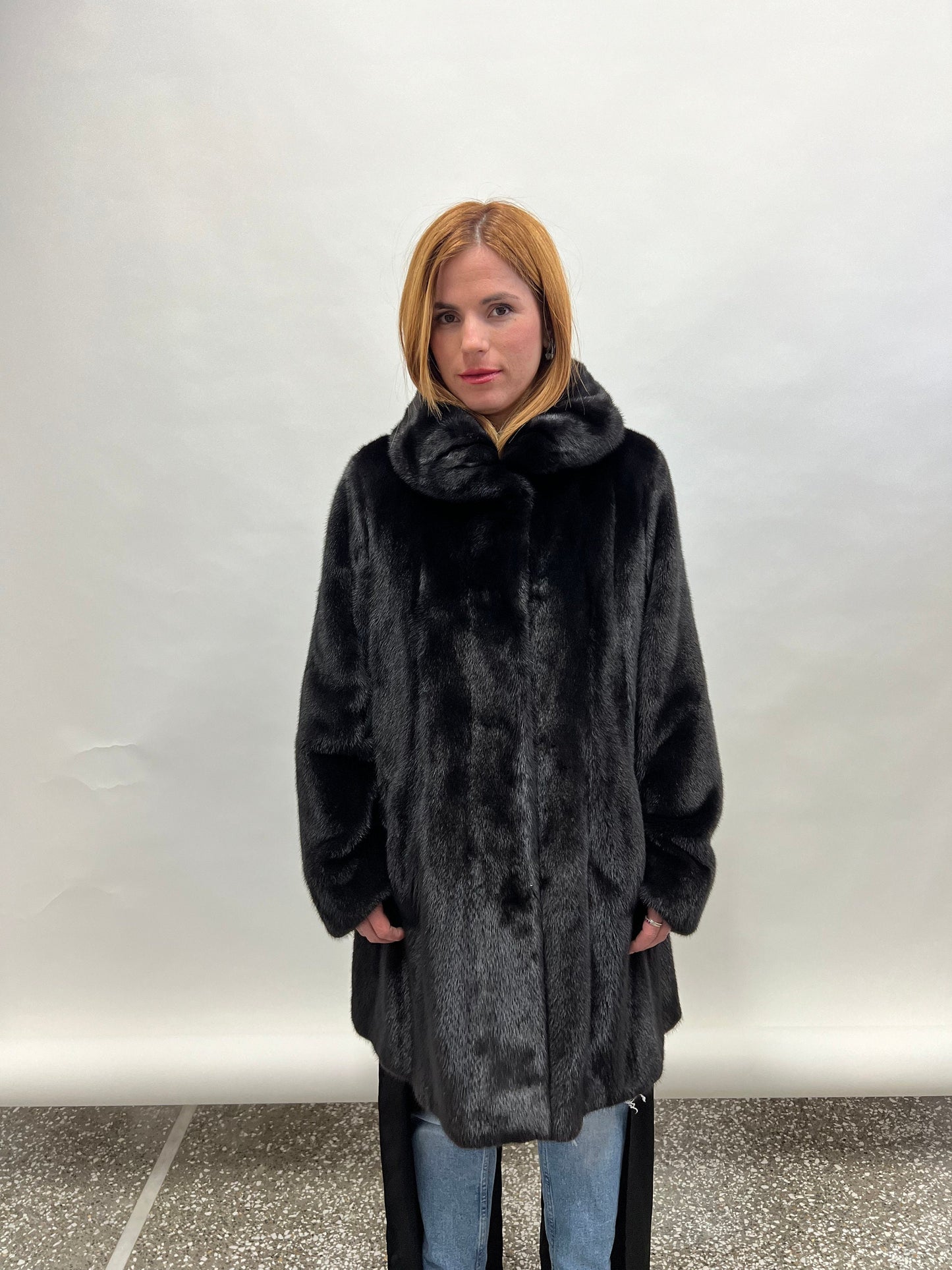 Black Saga Mink Fur Coat, Luxury Texture, Hooks Closure