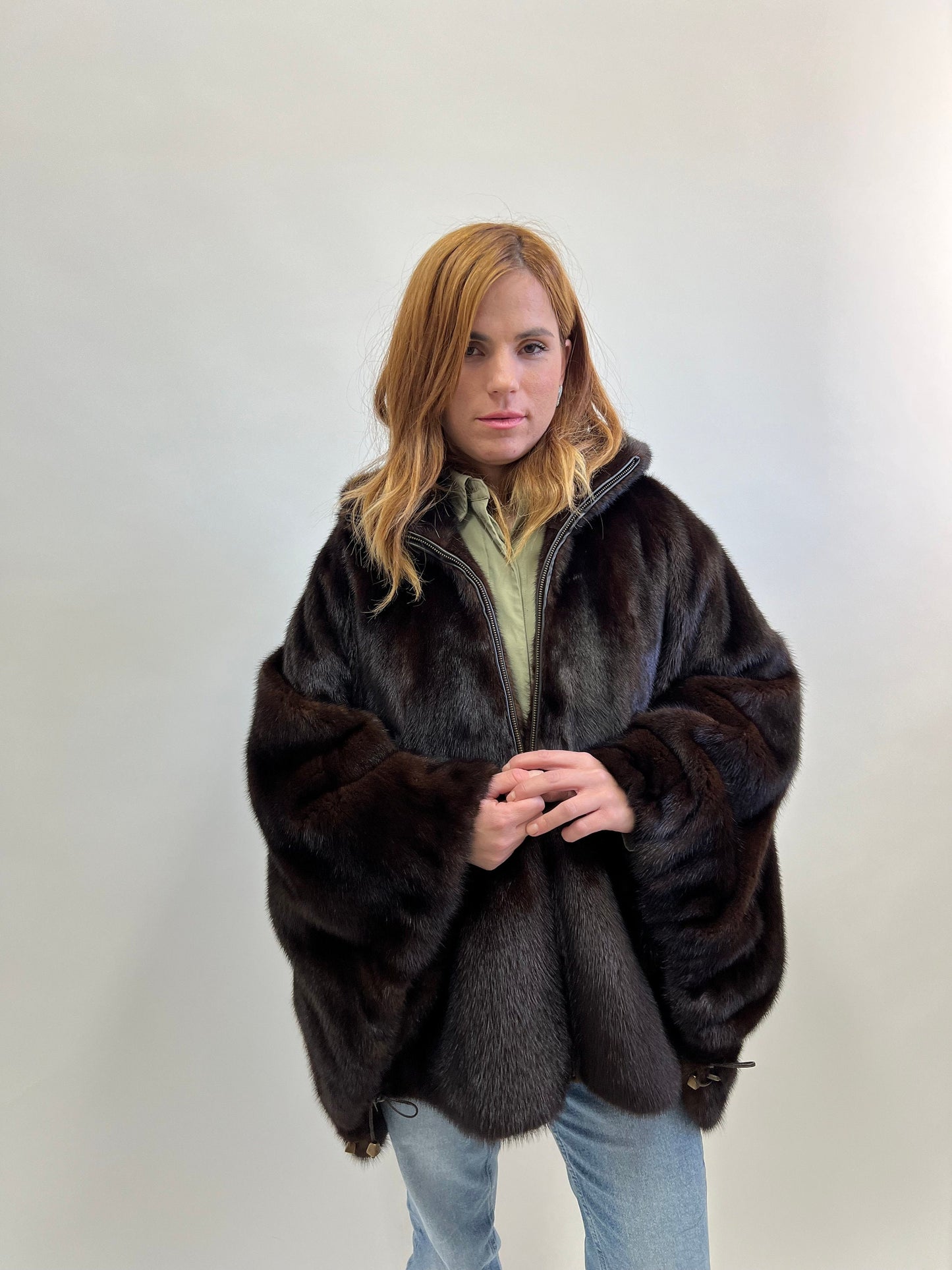 Mahogany Mink Fur Hooded Cape: Luxury Poncho with Pockets