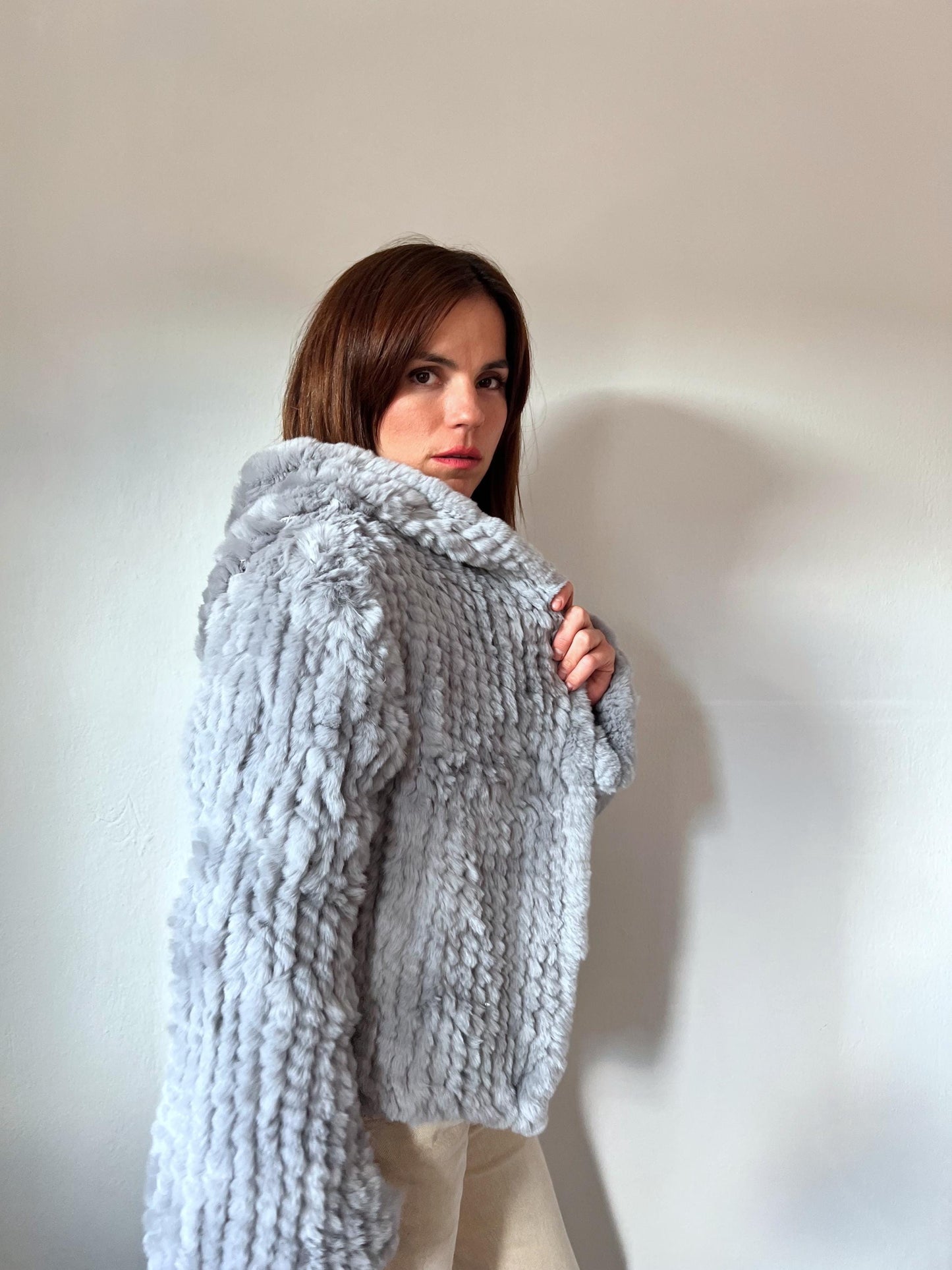 Light Grey Rabbit Fur Hooded Jacket: Handwoven, Frog Closure