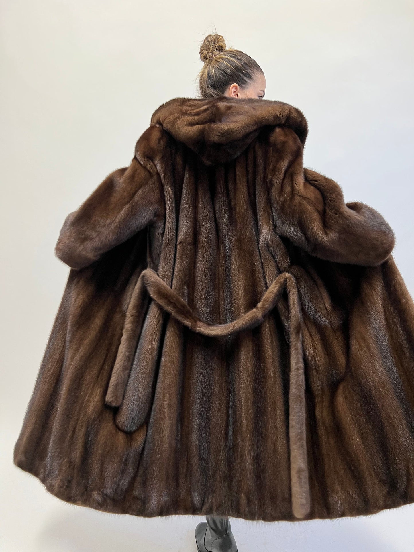 Brown Mink Fur Hooded Coat: Demi Buff Long Stroller, Belted
