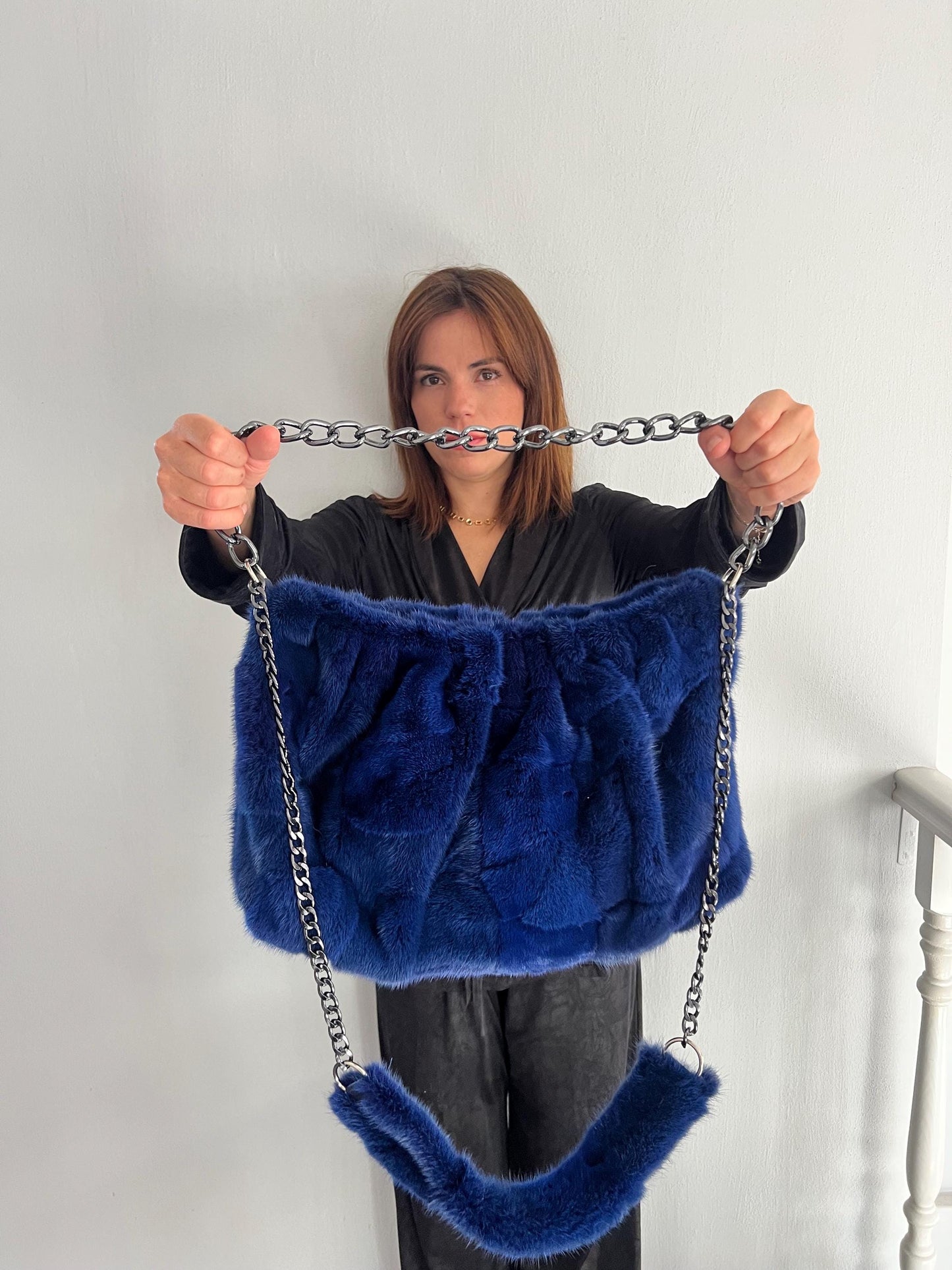 Navy Mink Fur Slouch Bag: Handmade grey Strap Crossbody