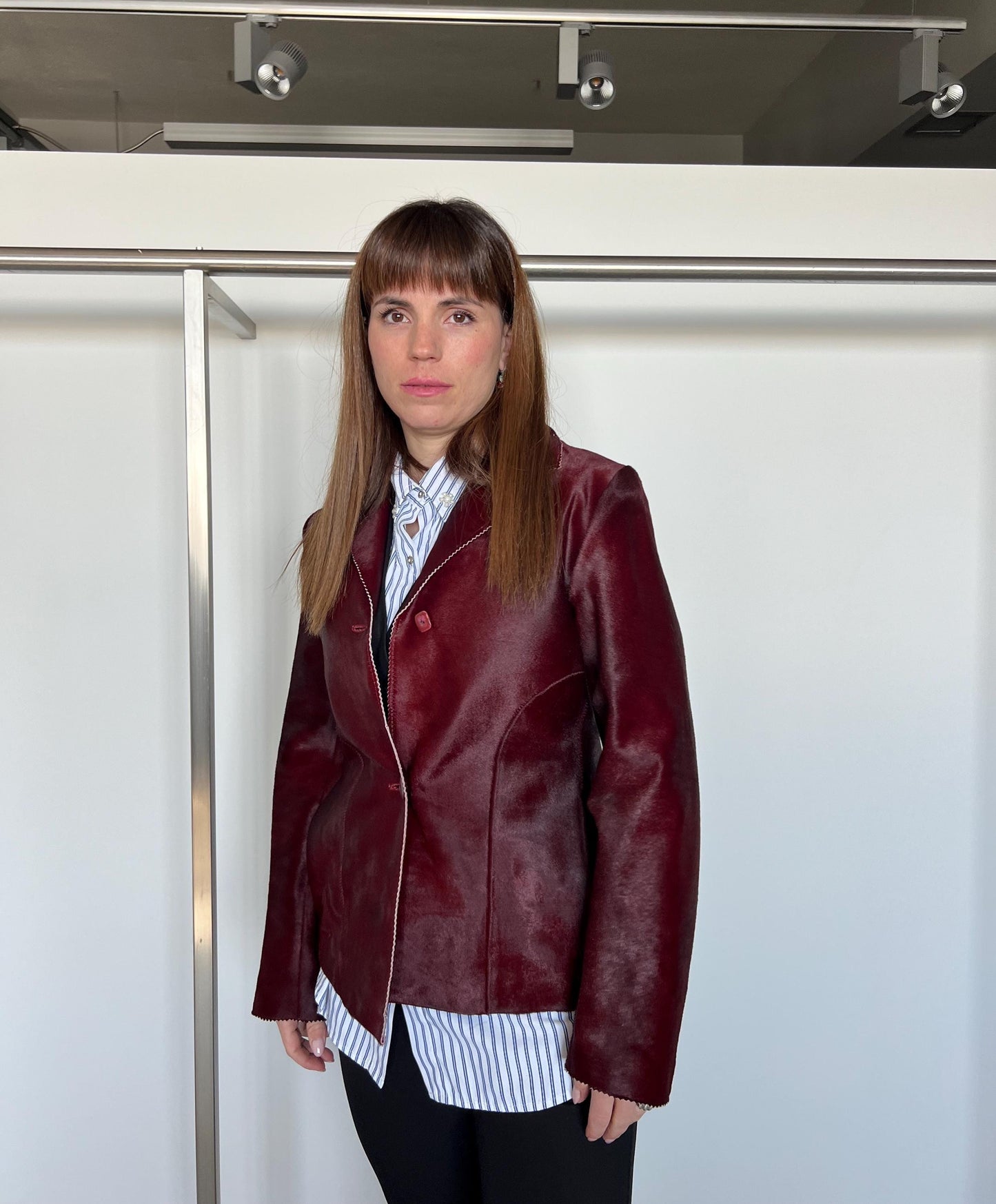Genuine Cherry Hair-On Leather Jacket: Lightweight Calf Cavallino Coat