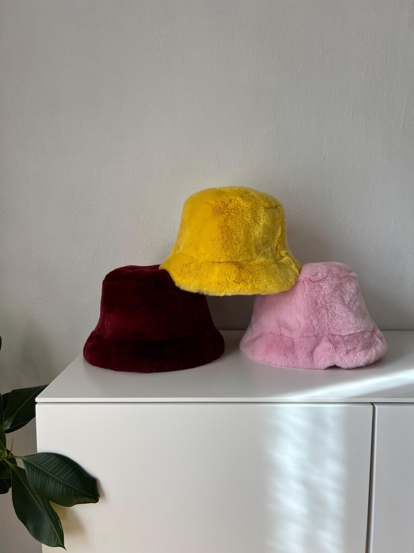 Burgundy Mink Fur Bucket Hat: Handmade Rabbit Fur  with Lining