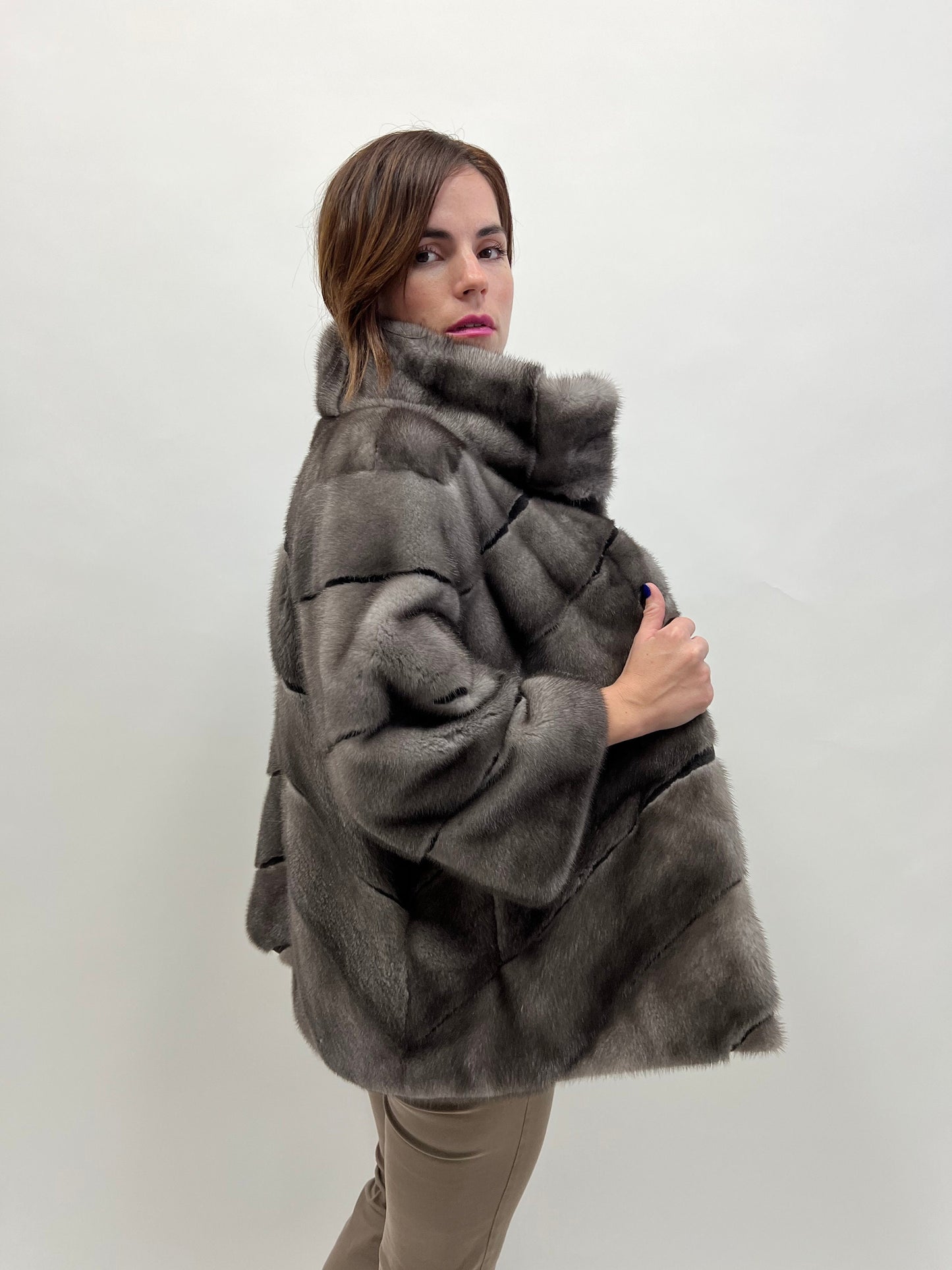 Blue Iris Mink Fur Coat with Sheared Black Stripes