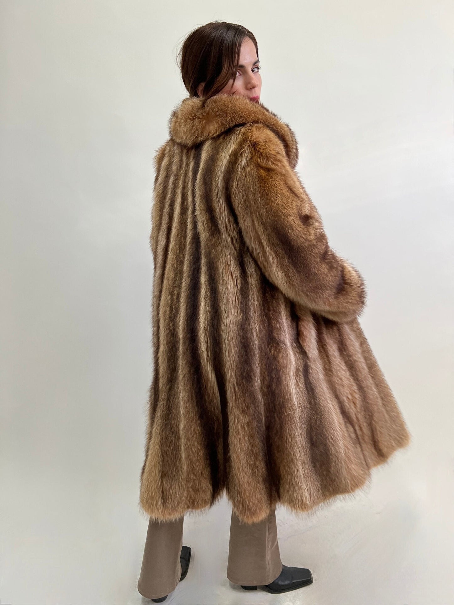 Real Crystal Raccoon Fur Coat: Tan Brown Full Length Godet, Big Collar