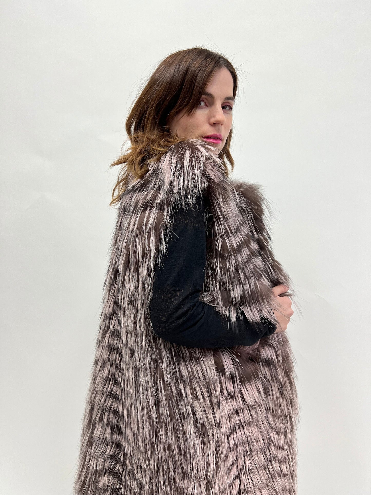 Pink Pastel Fox Fur Vest: Luxury Long Coat, Size Small