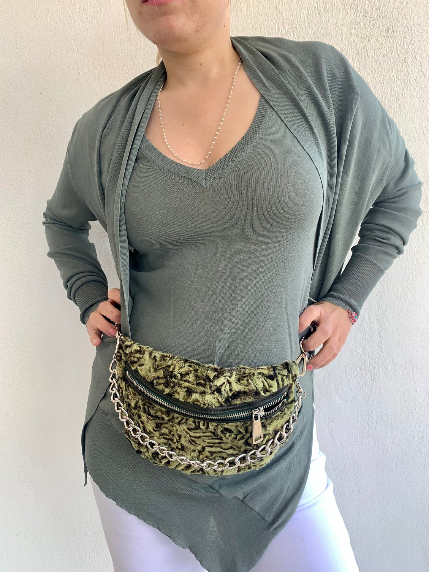 Lime Lamb Fur Bumbag with Chain: Luxury Fanny Pack