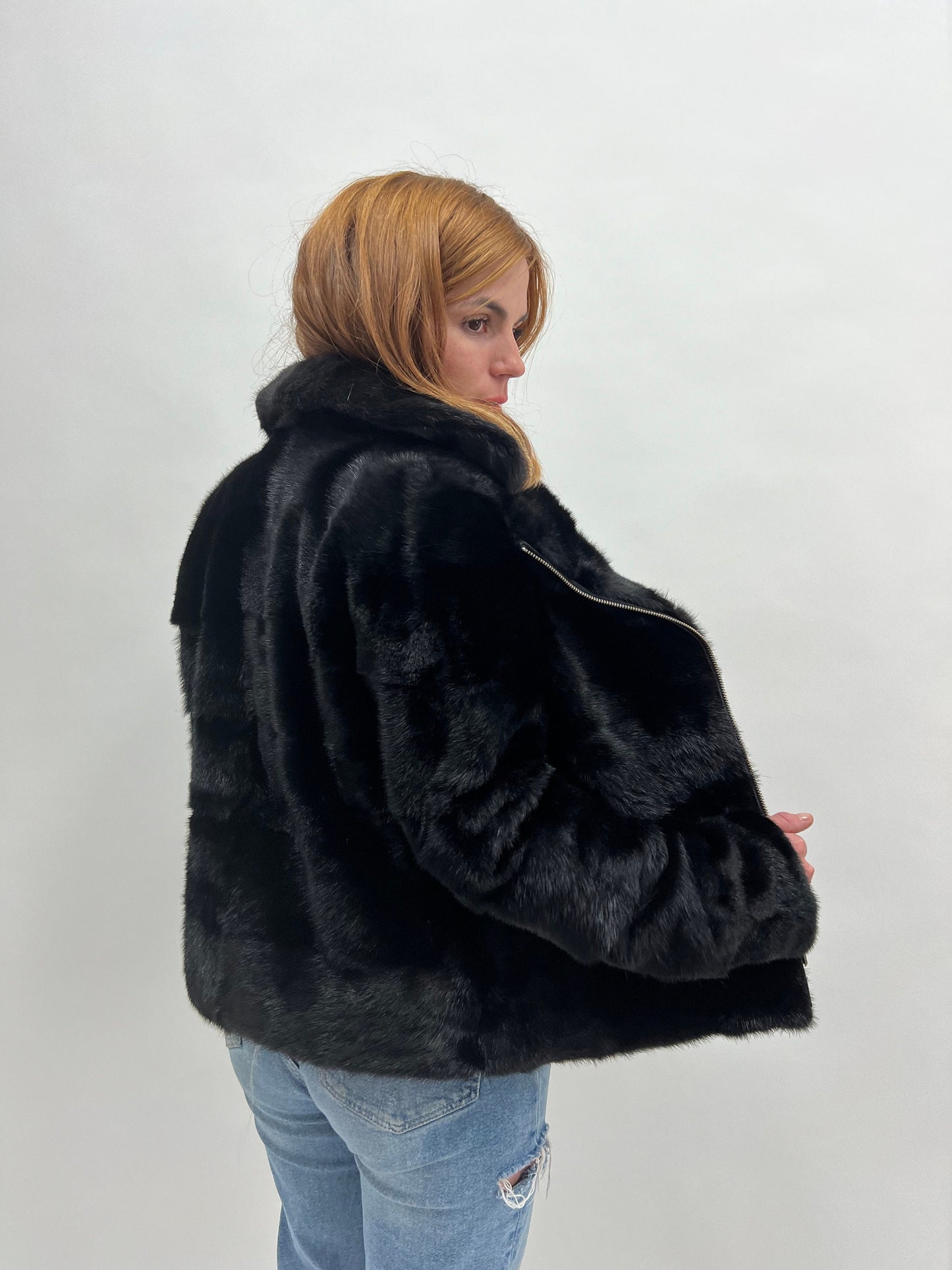 Black Mink Biker Jacket: Horizontal Fur, Silver Hardware